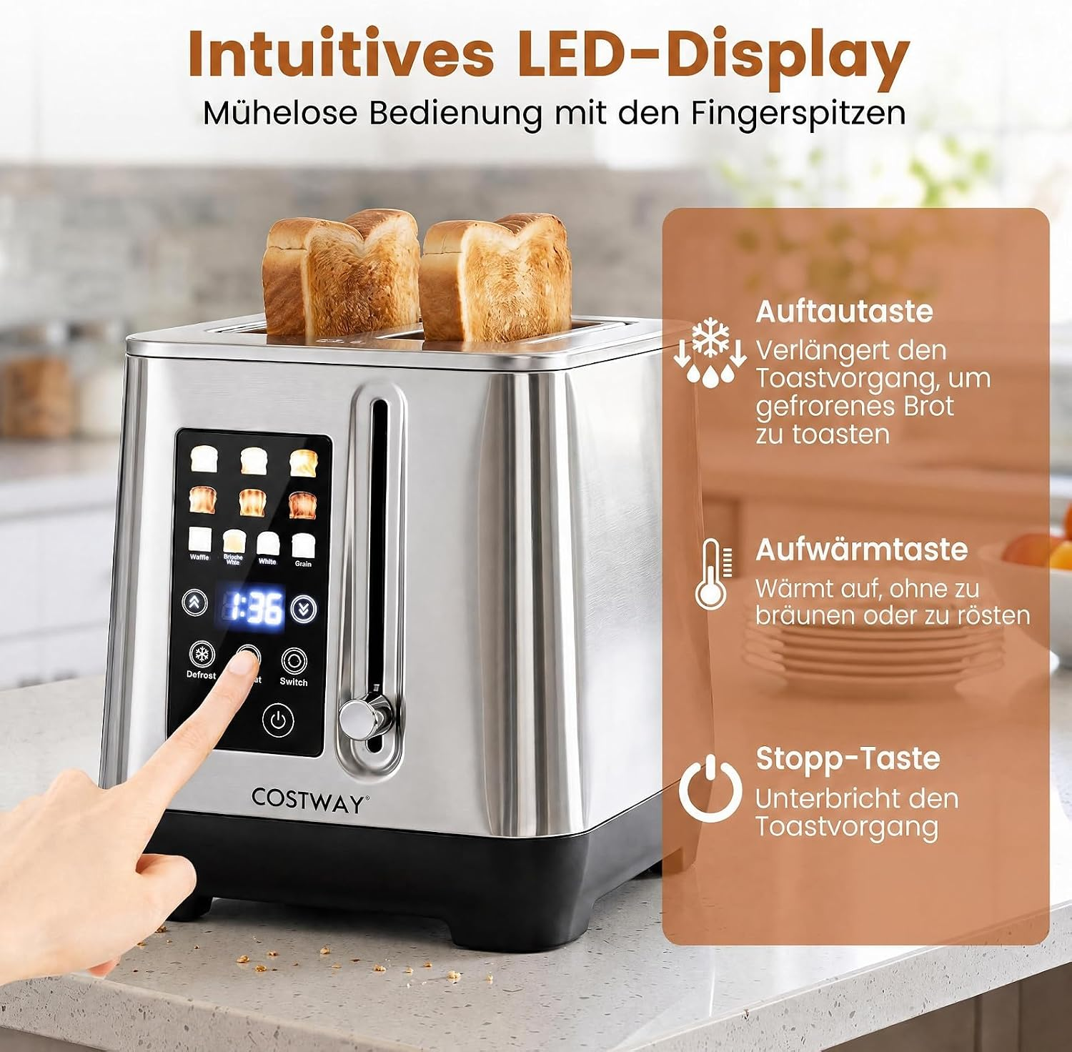 Ein silberner Toaster mit Touch-Display zeigt toastende Brotscheiben auf einer Küchentheke.