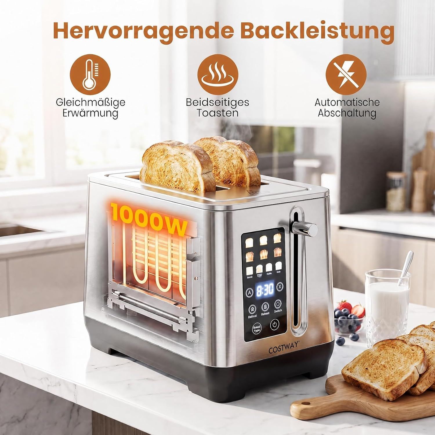 Edelstahltoaster mit digitalem Display und Toastscheiben auf einer Küchentheke.