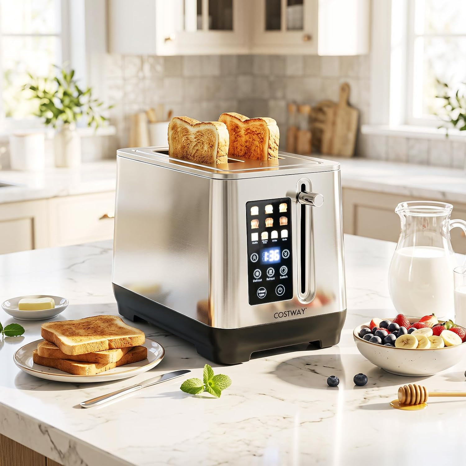 Ein Edelstahl-Toaster auf einer Küchentheke mit Toast, Brotscheiben, Milch und einer Obstschale.