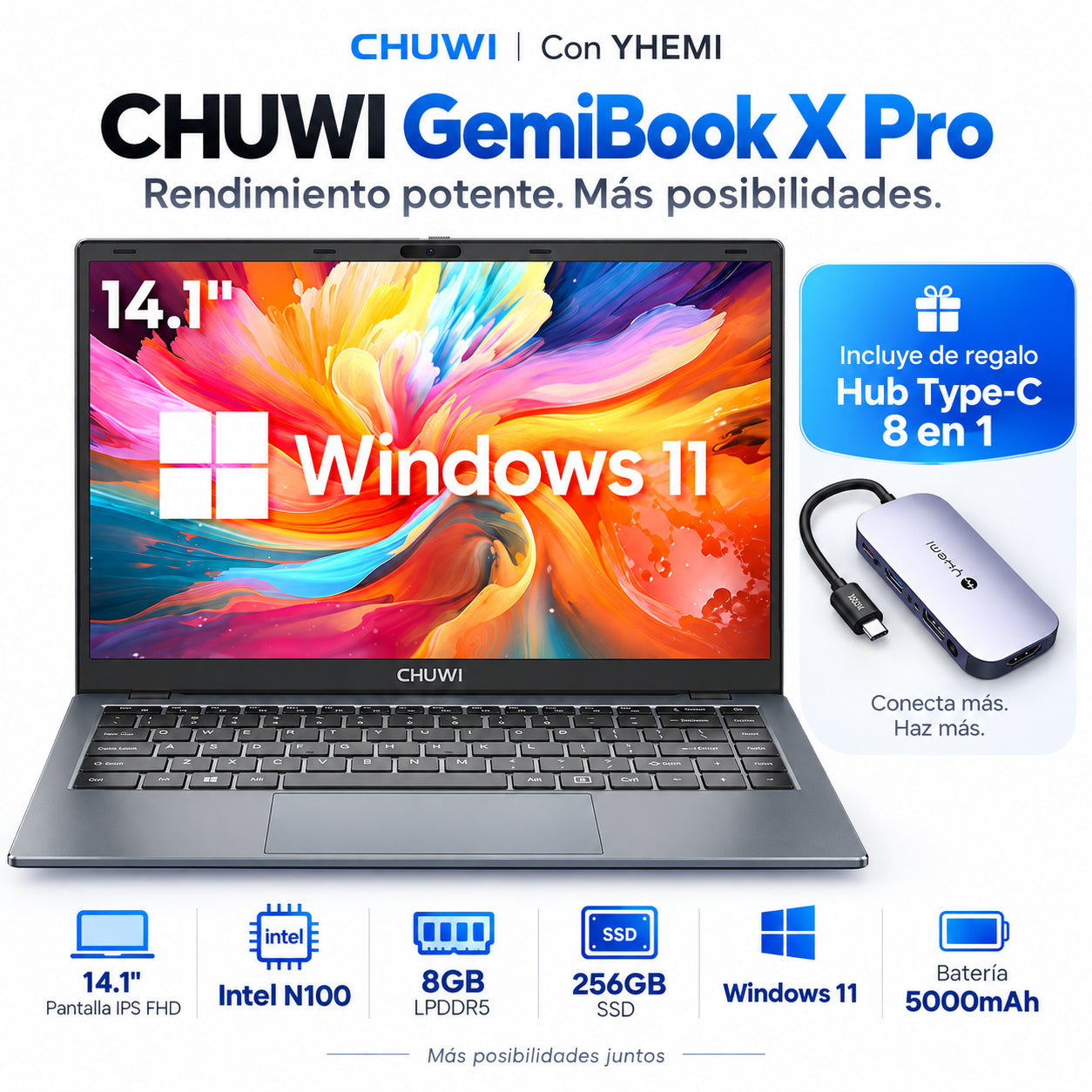 Portátil Chuwi GemiBook X Pro con pantalla de 14.1 pulgadas, Windows 11 y un hub USB-C de regalo.