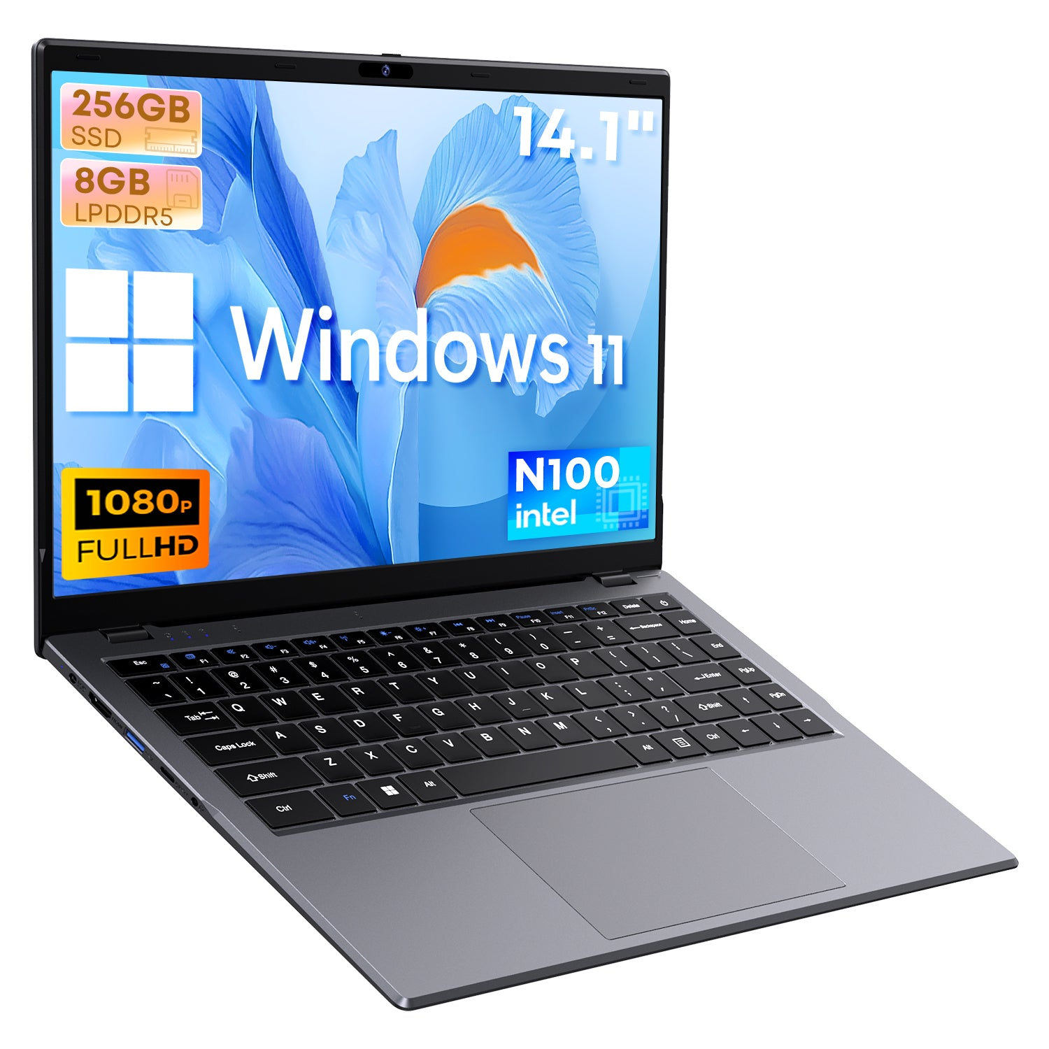Un portátil gris de 14,1 pulgadas con Windows 11, procesador Intel N100, SSD de 256 GB y 8 GB de RAM.