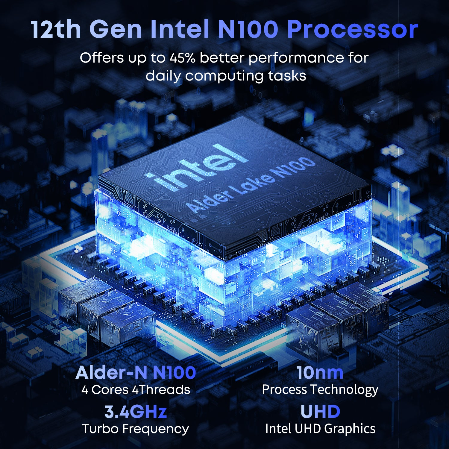 Procesador Intel Alder Lake N100 con fondo de placa de circuito azul brillante y especificaciones.