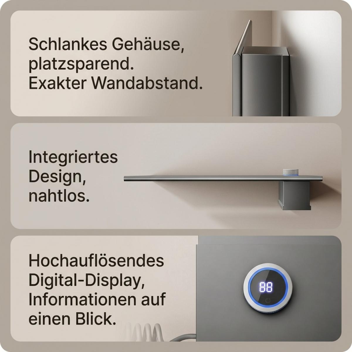Drei Panele zeigen einen schlanken grauen Heizkörper mit nahtlosem Design und Digitaldisplay.