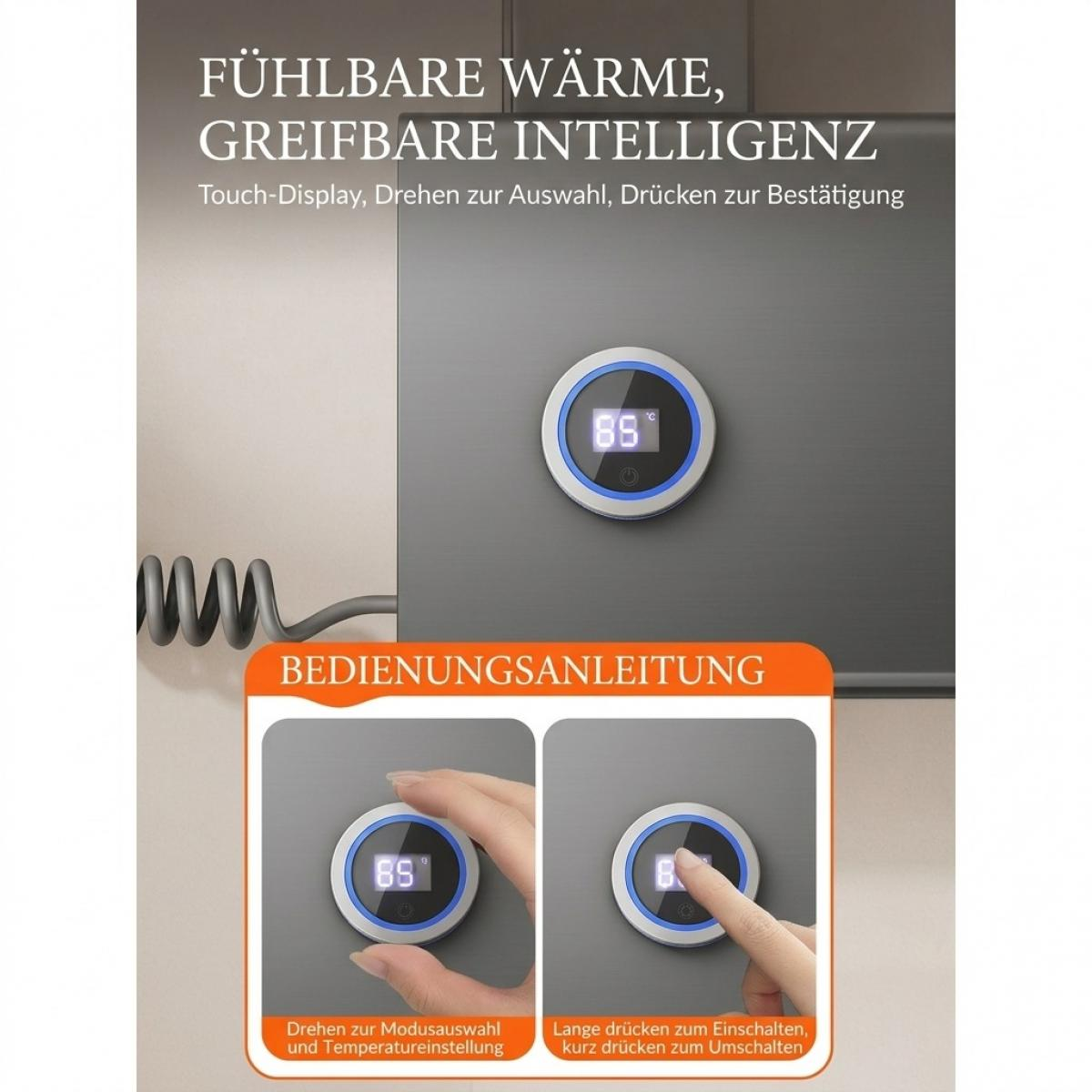 Ein graues Bedienfeld mit rundem Touch-Display zeigt Temperatur und Anweisungen für den Gebrauch.