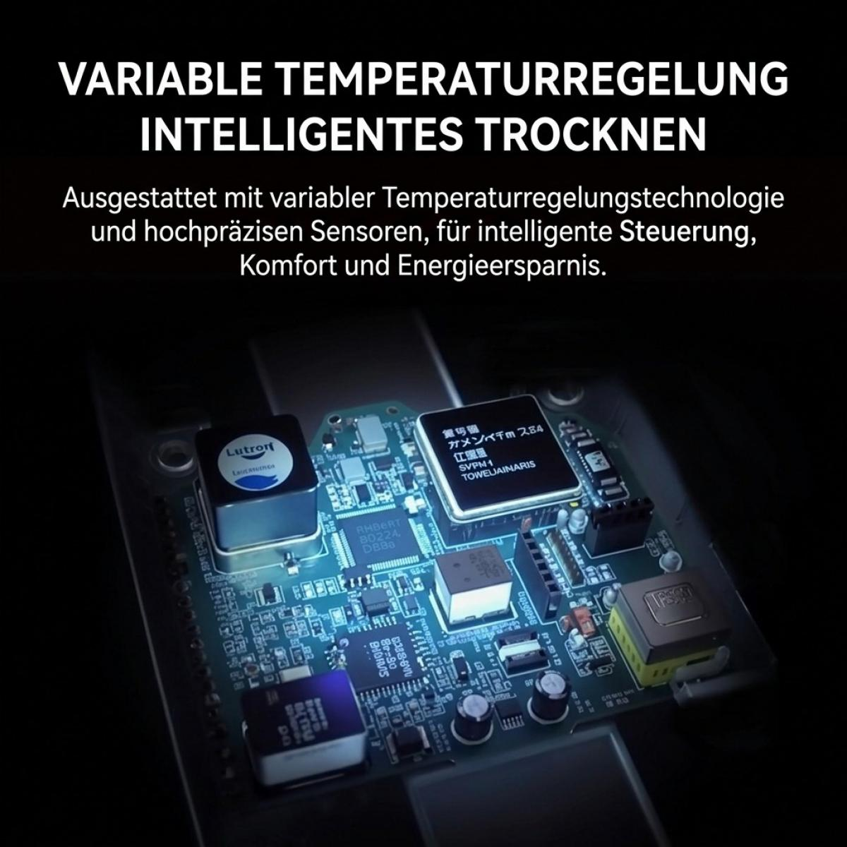 Eine Nahaufnahme einer blau leuchtenden Leiterplatte mit elektronischen Bauteilen und Text auf Deutsch.