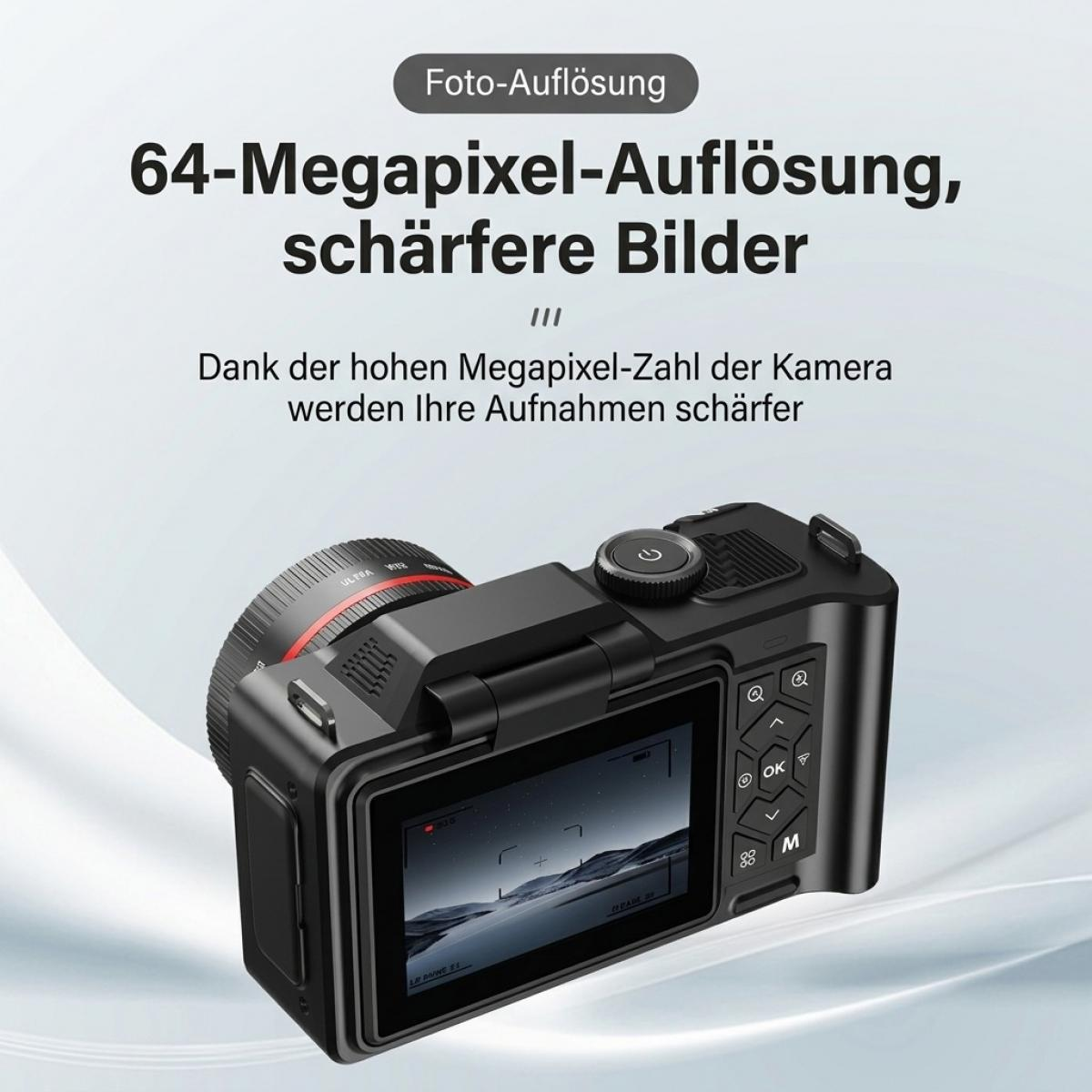 Schwarze Digitalkamera mit 64-Megapixel-Auflösung und Tasten auf der Rückseite vor hellem Hintergrund.