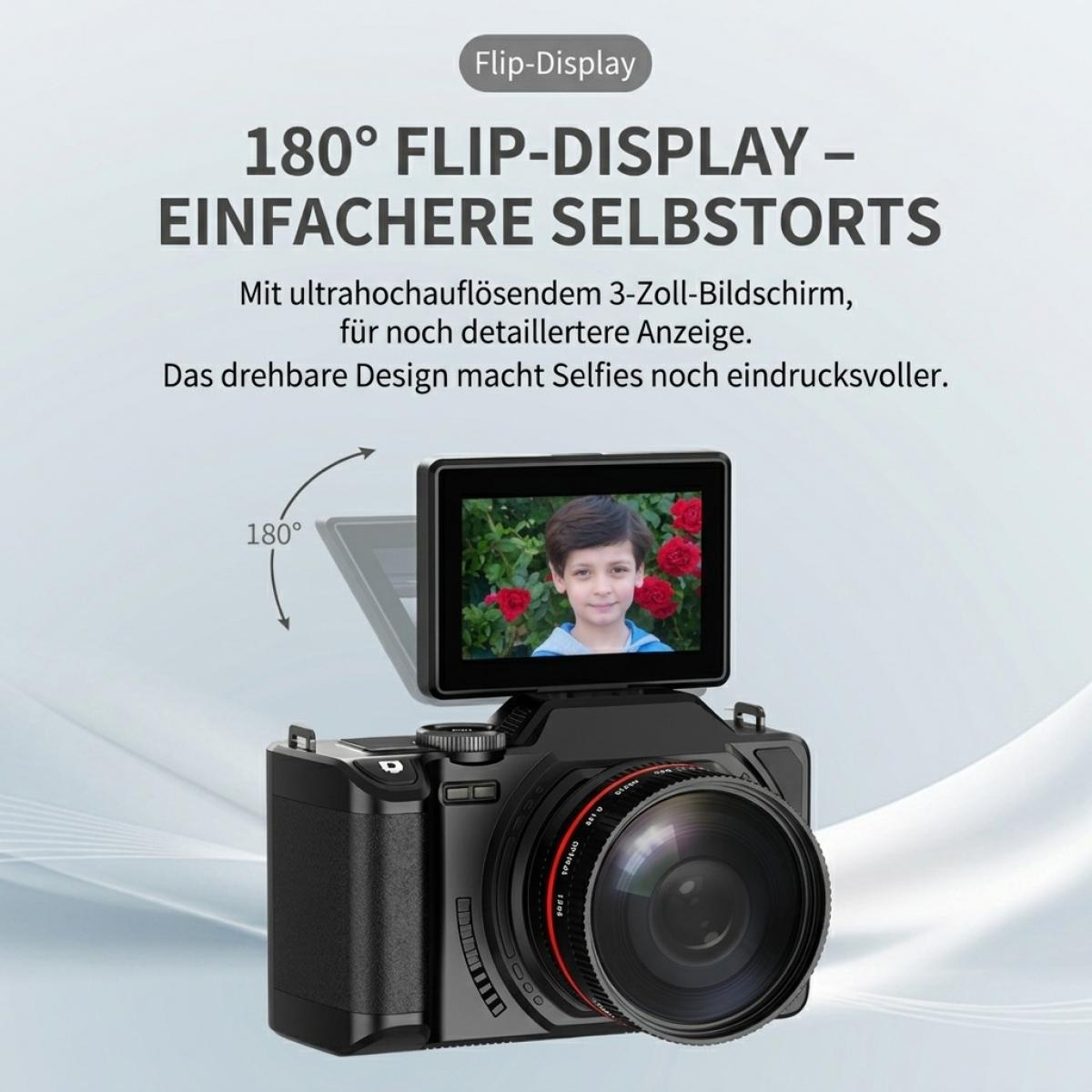 Eine schwarze Kamera mit einem um 180 Grad drehbaren Display, das das Foto eines Jungen vor roten Blumen zeigt.
