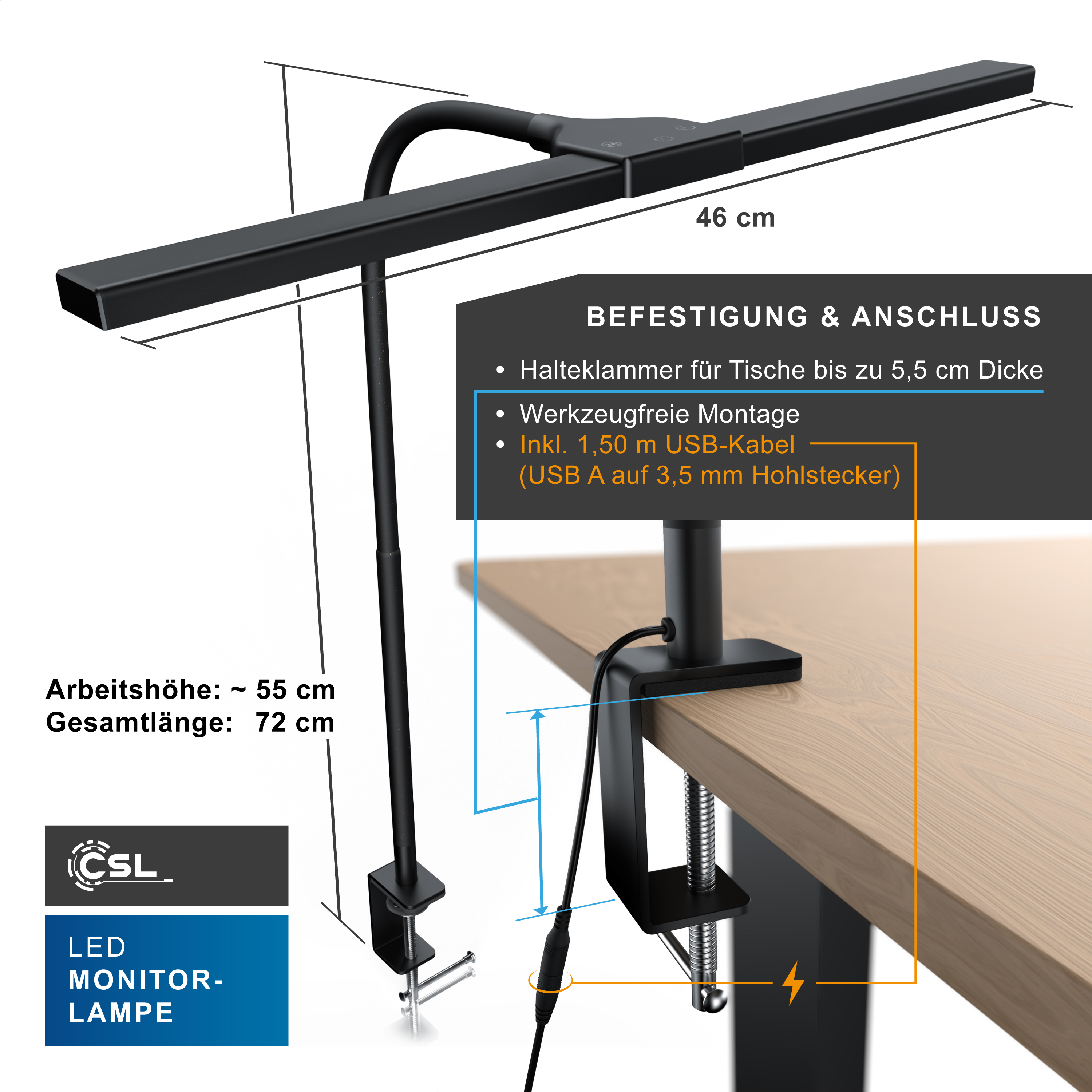 Schwarze LED-Monitorlampe mit Tischklemme, Maßen und Textfeldern.