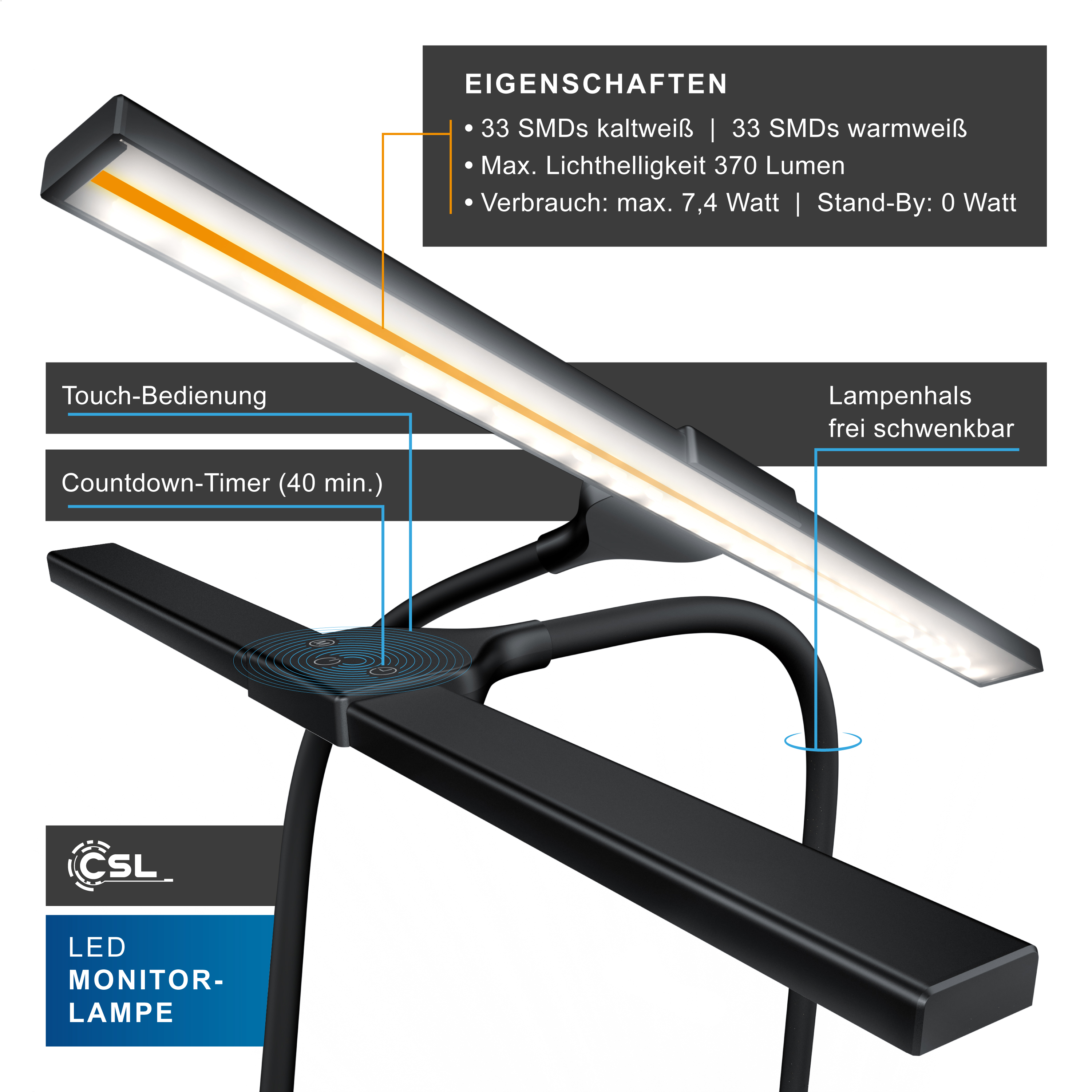 Technische Details einer schwarzen LED-Monitorlampe mit Touch-Bedienung und Timer.