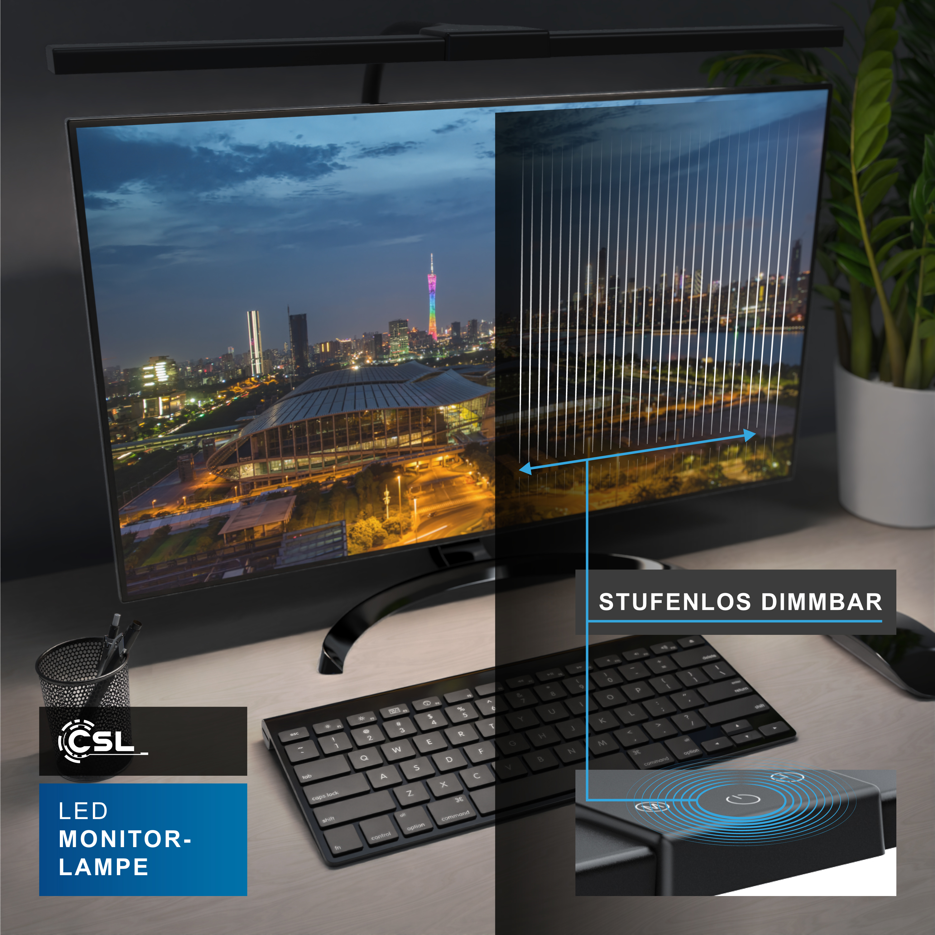 LED-Monitorlampe mit stufenloser Dimmfunktion über ein Touch-Bedienfeld und asymmetrischem Licht.