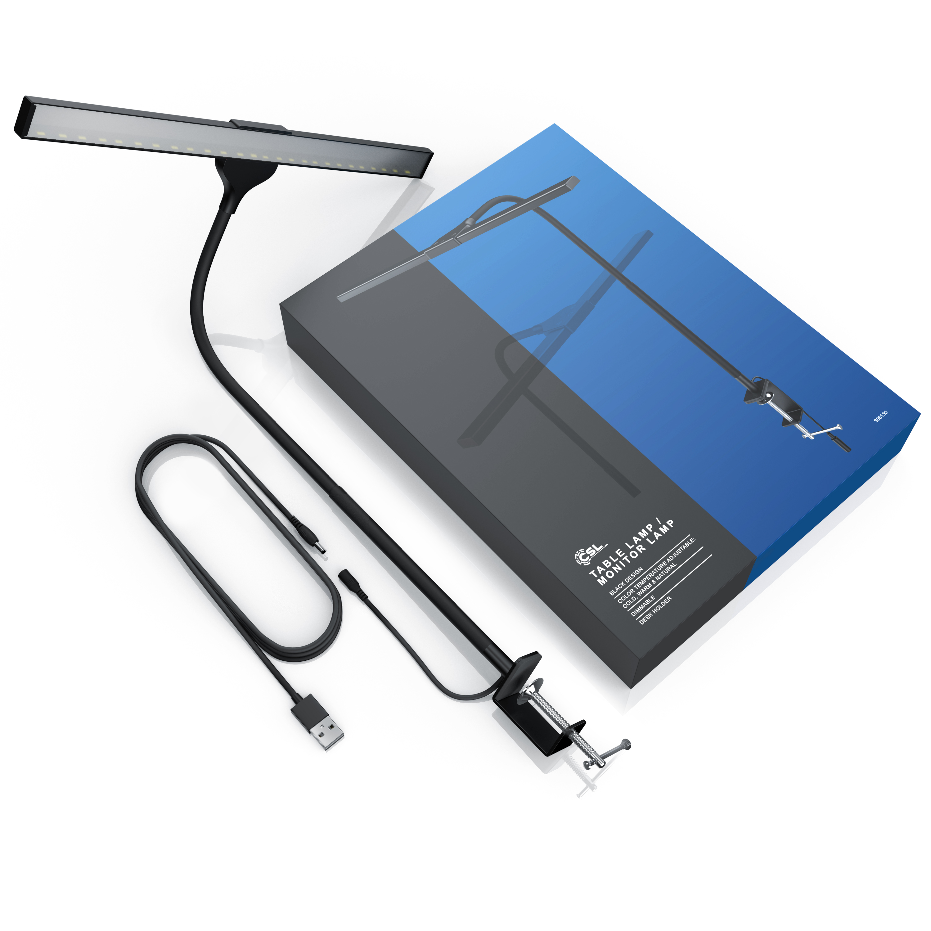 Eine schwarze Schreibtisch-Monitorlampe mit USB-Kabel und Klemme steht neben ihrer blau-grauen Verpackung.