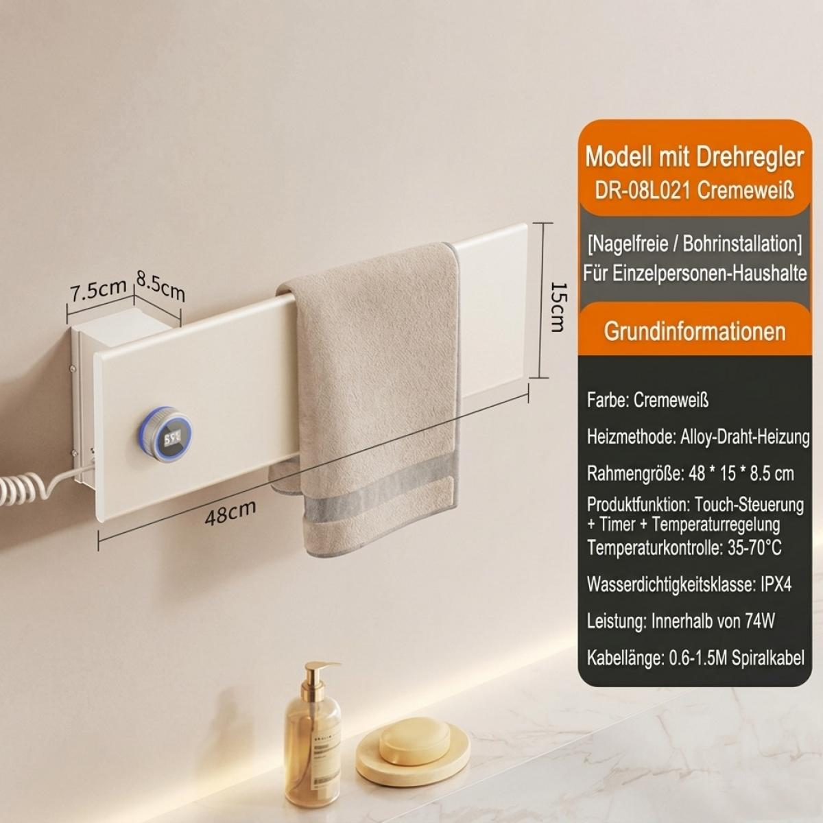 Cremeweißer Handtuchtrockner mit Drehregler und technischen Details an der Wand, Handtuch und Seifenspender unten.