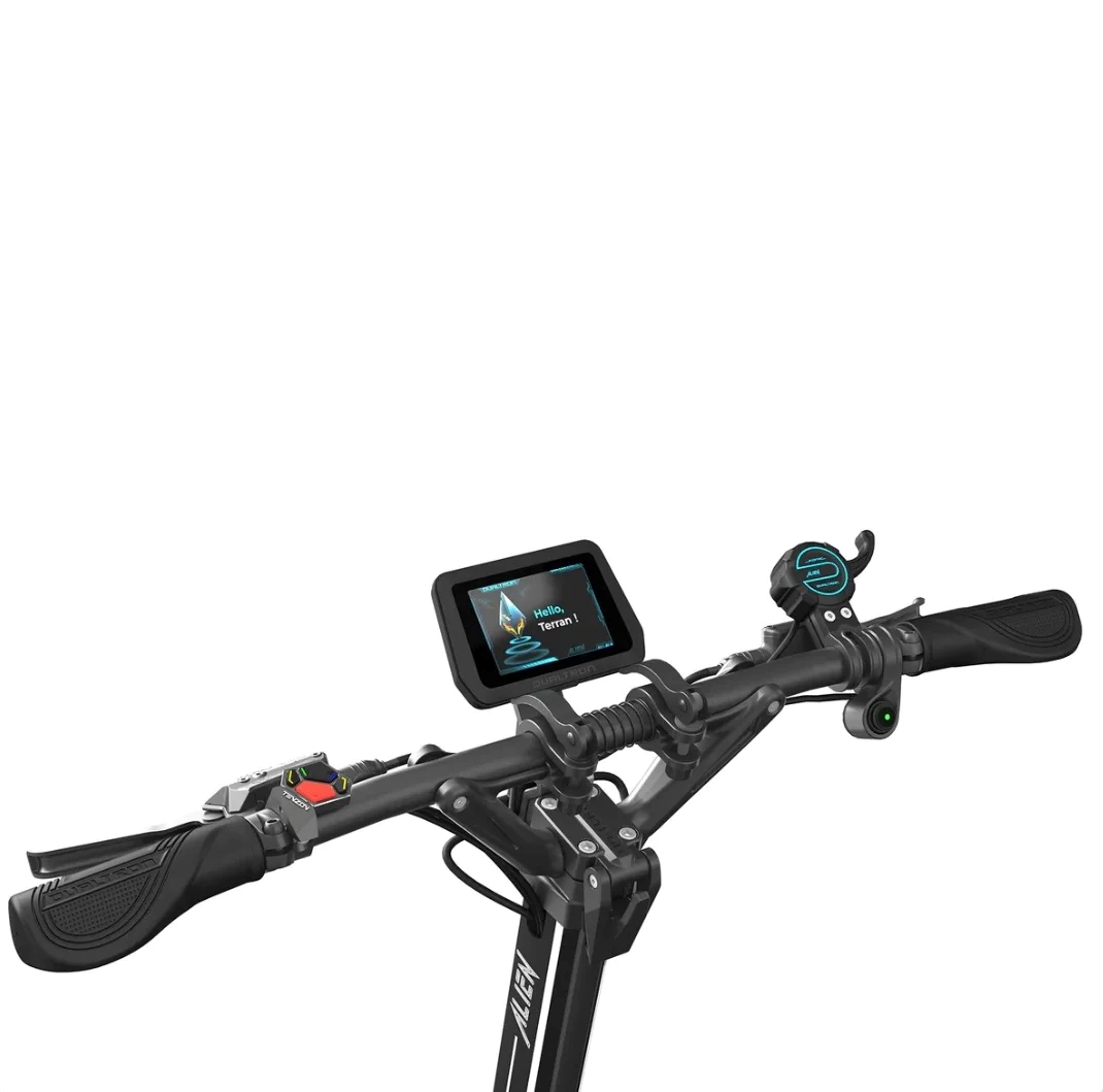 Hello Terran yazan ekranlı, frenli ve elcüklü elektrikli scooter gidonu.