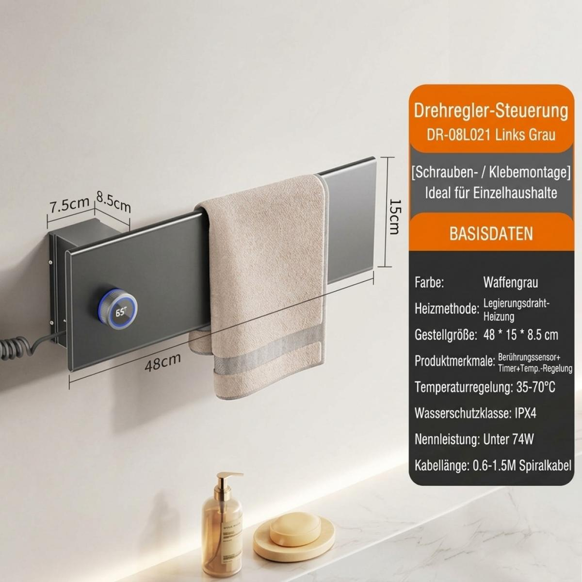 Grauer elektrischer Handtuchwärmer an der Wand mit Maßen und technischer Produkttabelle.