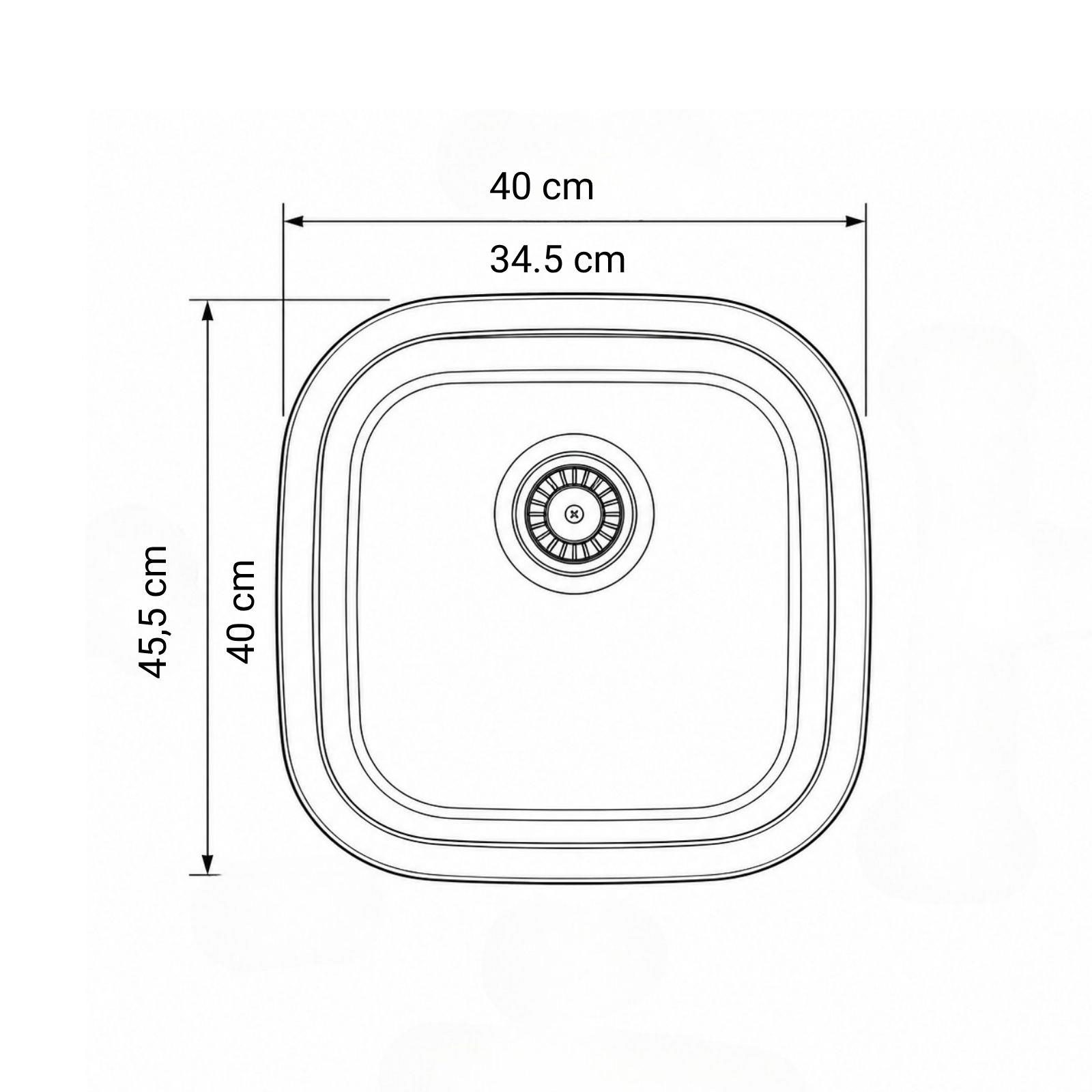 Ölçüleri 40 cm genişlik ve 45,5 cm uzunluk olan kare eviyenin teknik çizimi.