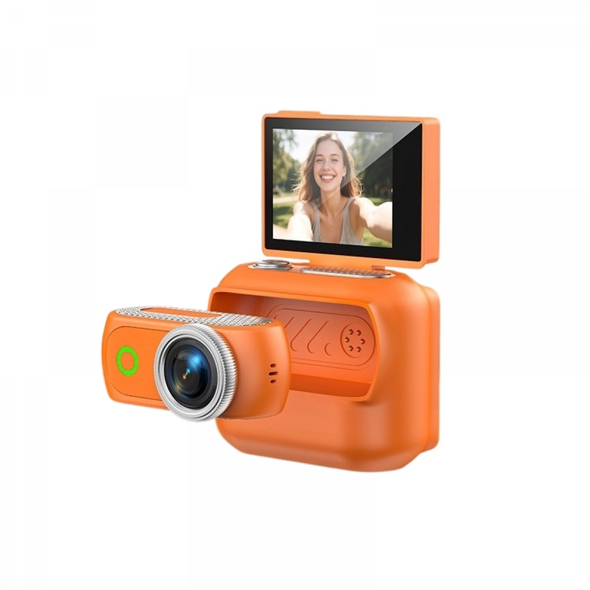 Eine orangefarbene Digitalkamera mit abnehmbarem Objektiv und einem Bildschirm, der eine lächelnde Frau zeigt.