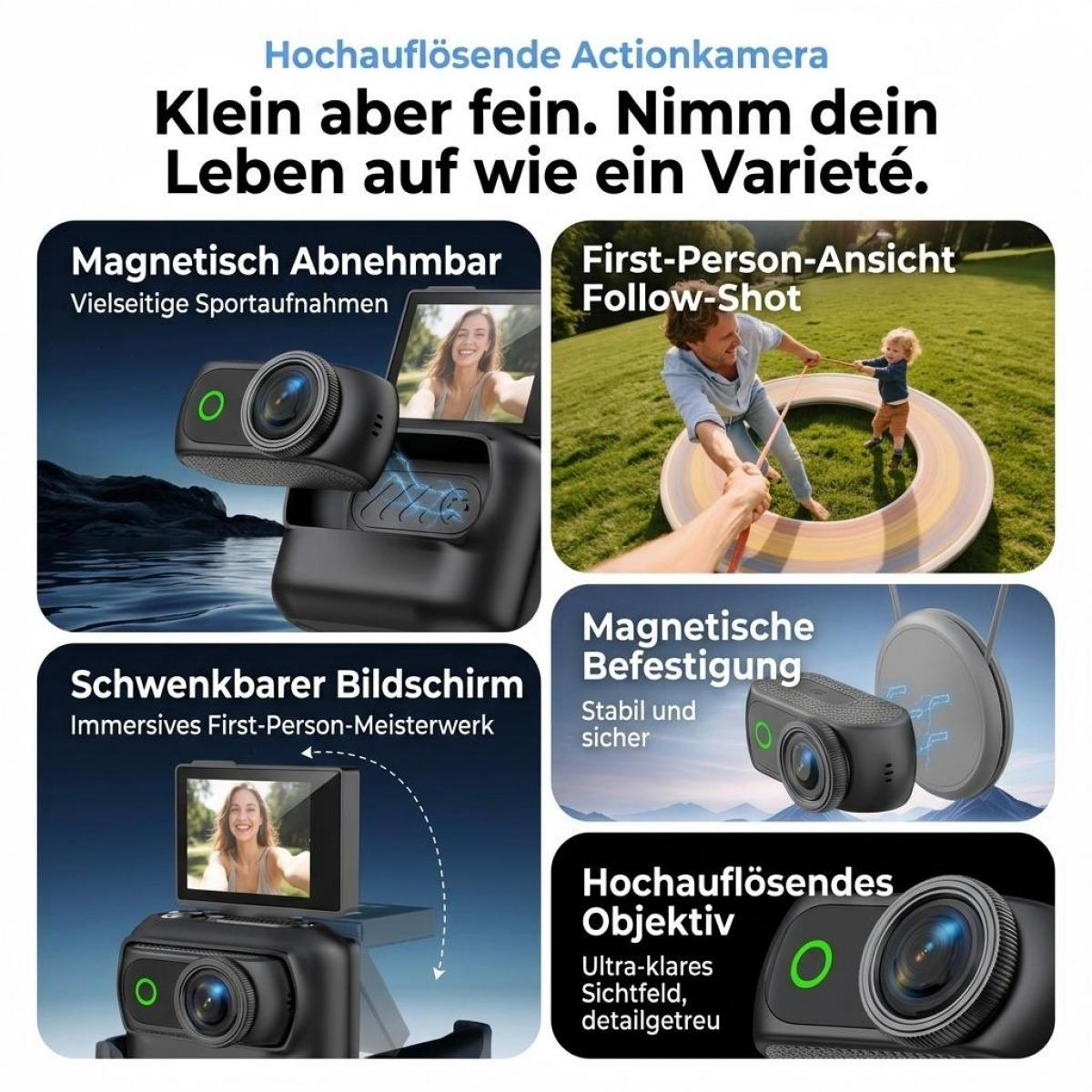 Werbebild für Actionkamera mit Magnetverschluss, klappbarem Bildschirm und hochauflösendem Objektiv.