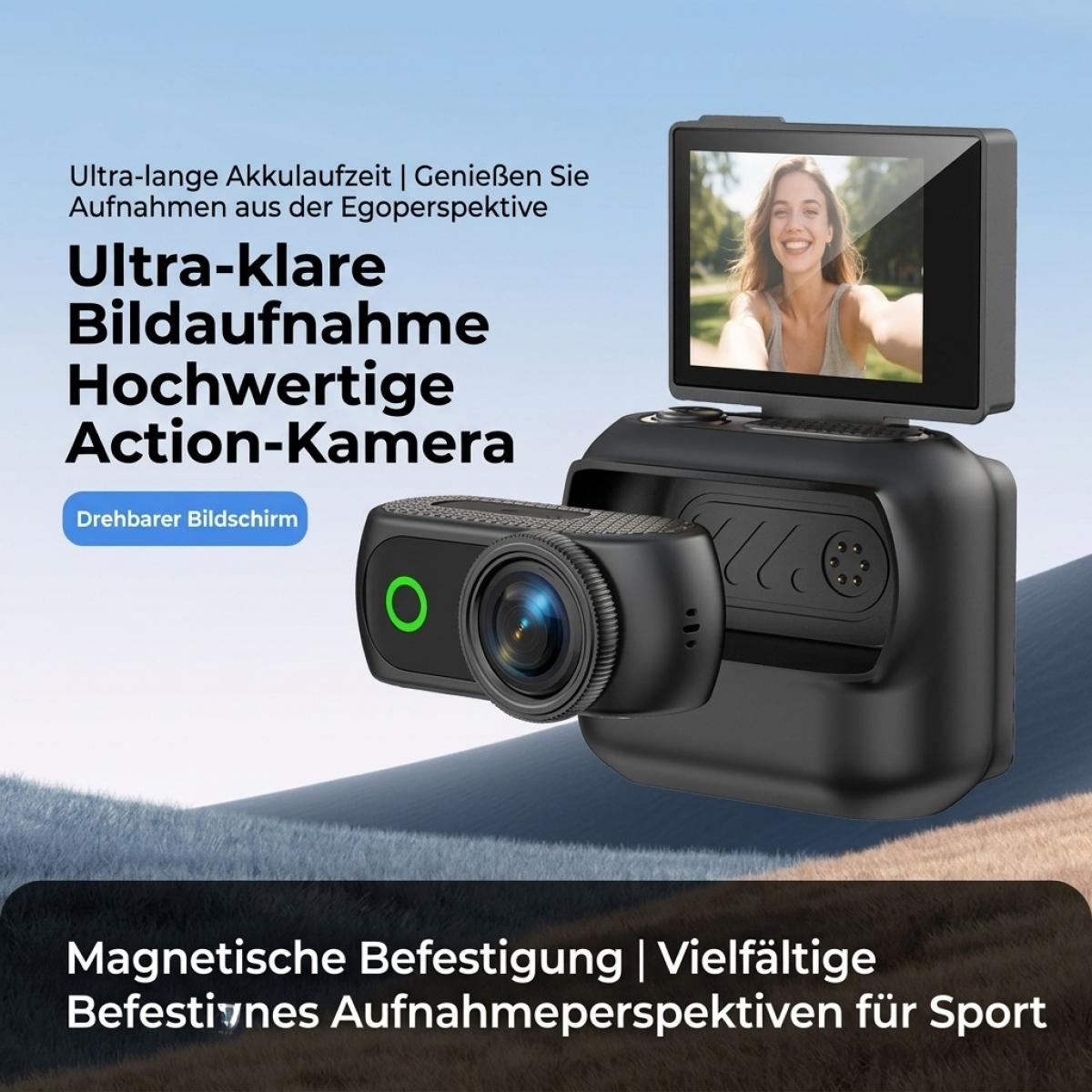 Schwarze Action-Kamera mit rotierendem Bildschirm zeigt eine lächelnde Frau vor blauem Himmel.