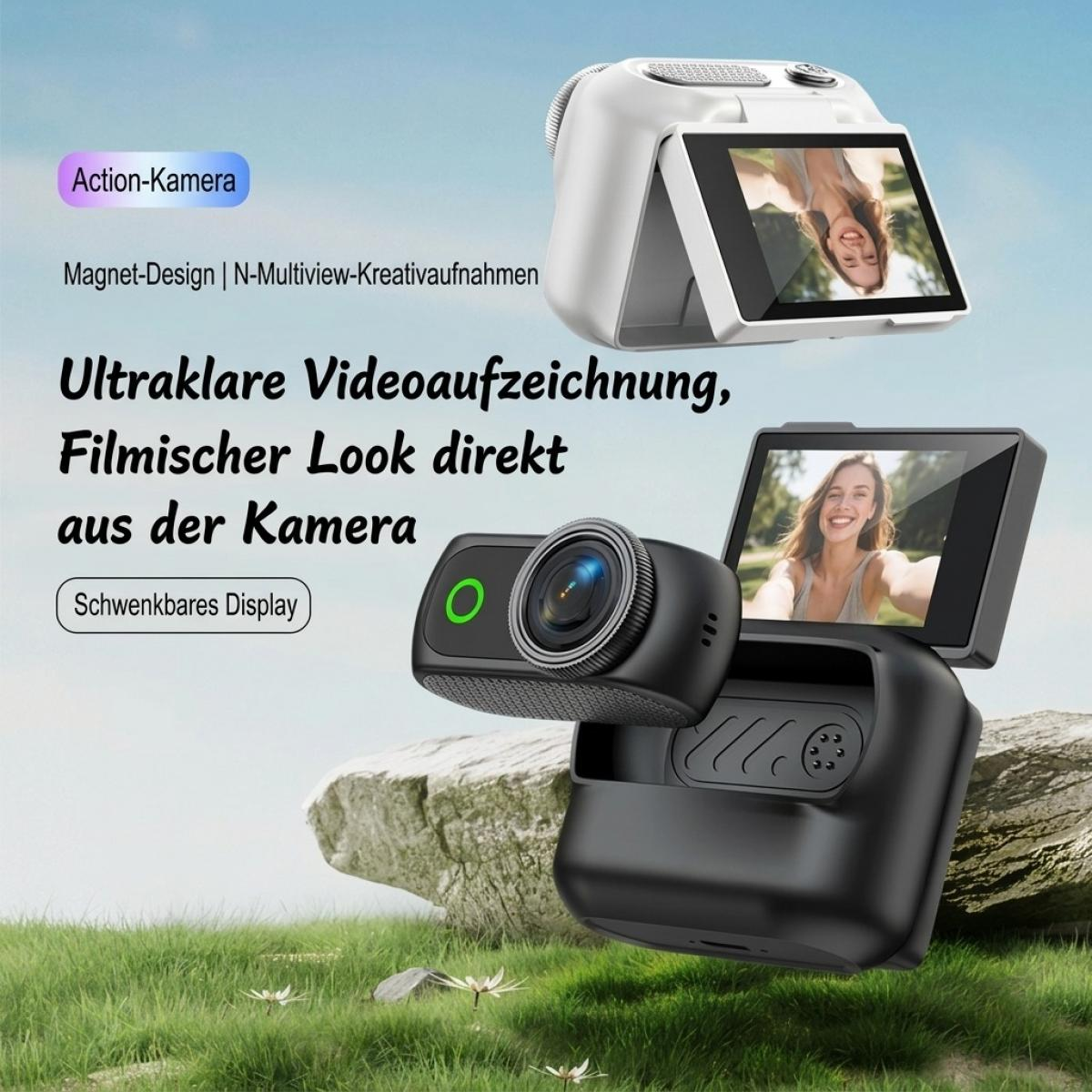 Werbebild für eine Action-Kamera mit umklappbarem Display und Magnetdesign vor Naturhintergrund.