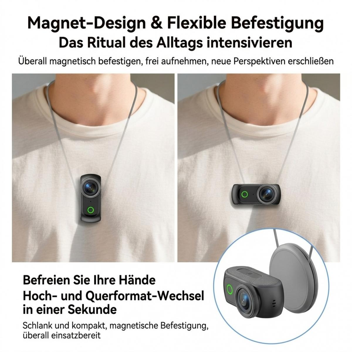 Eine kleine schwarze Kamera wird magnetisch an einem Band um den Hals getragen, vertikal und horizontal.