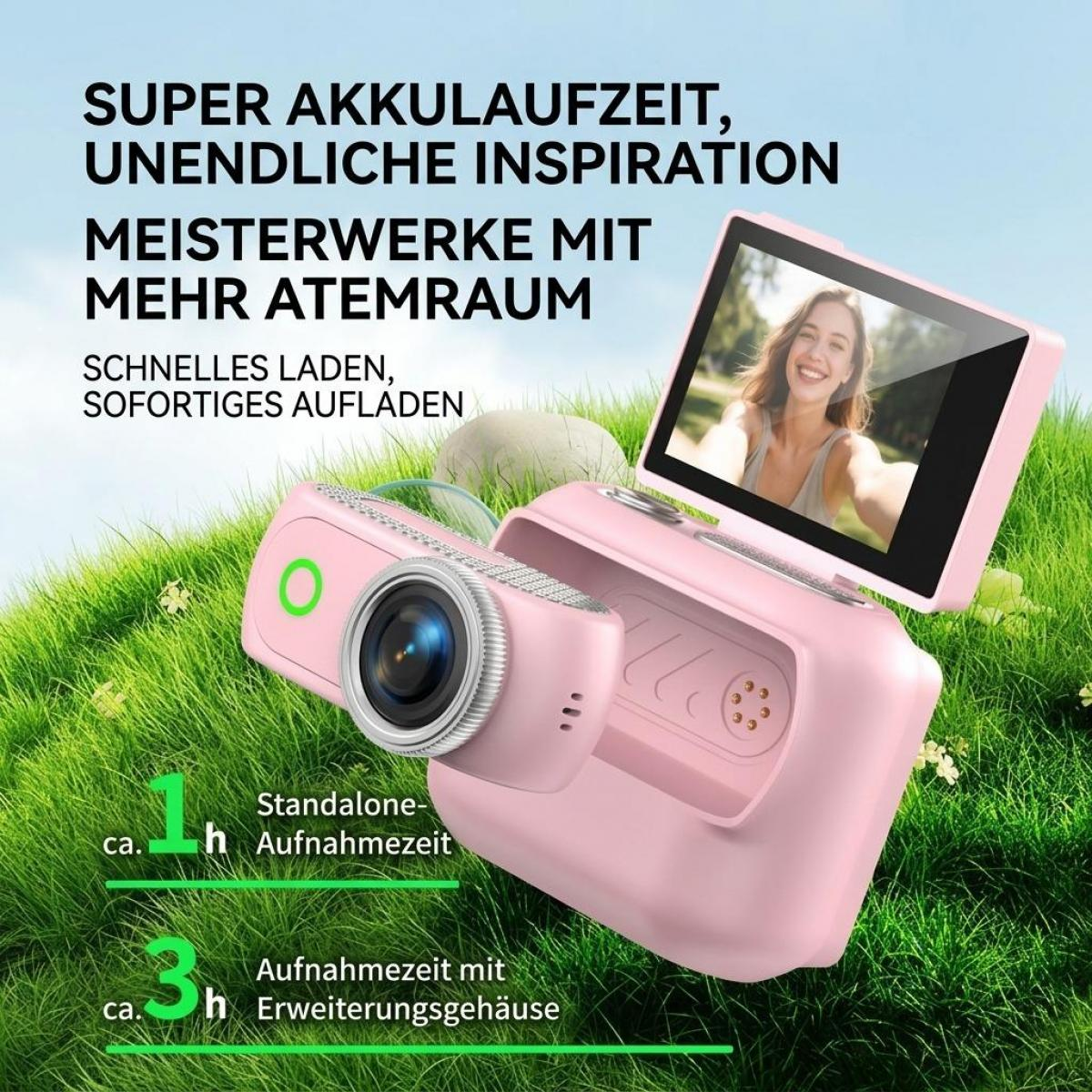 Eine rosa Sofortbildkamera mit abnehmbarem Kameramodul und Klappdisplay liegt auf grünem Gras.