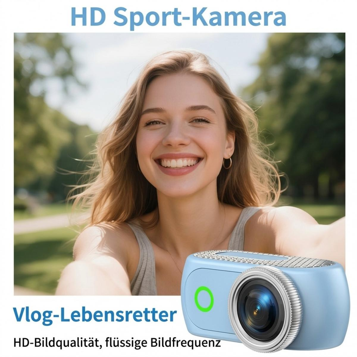 Lächelnde blonde Frau hält eine hellblaue Sportkamera im Freien, mit Textüberlagerungen.