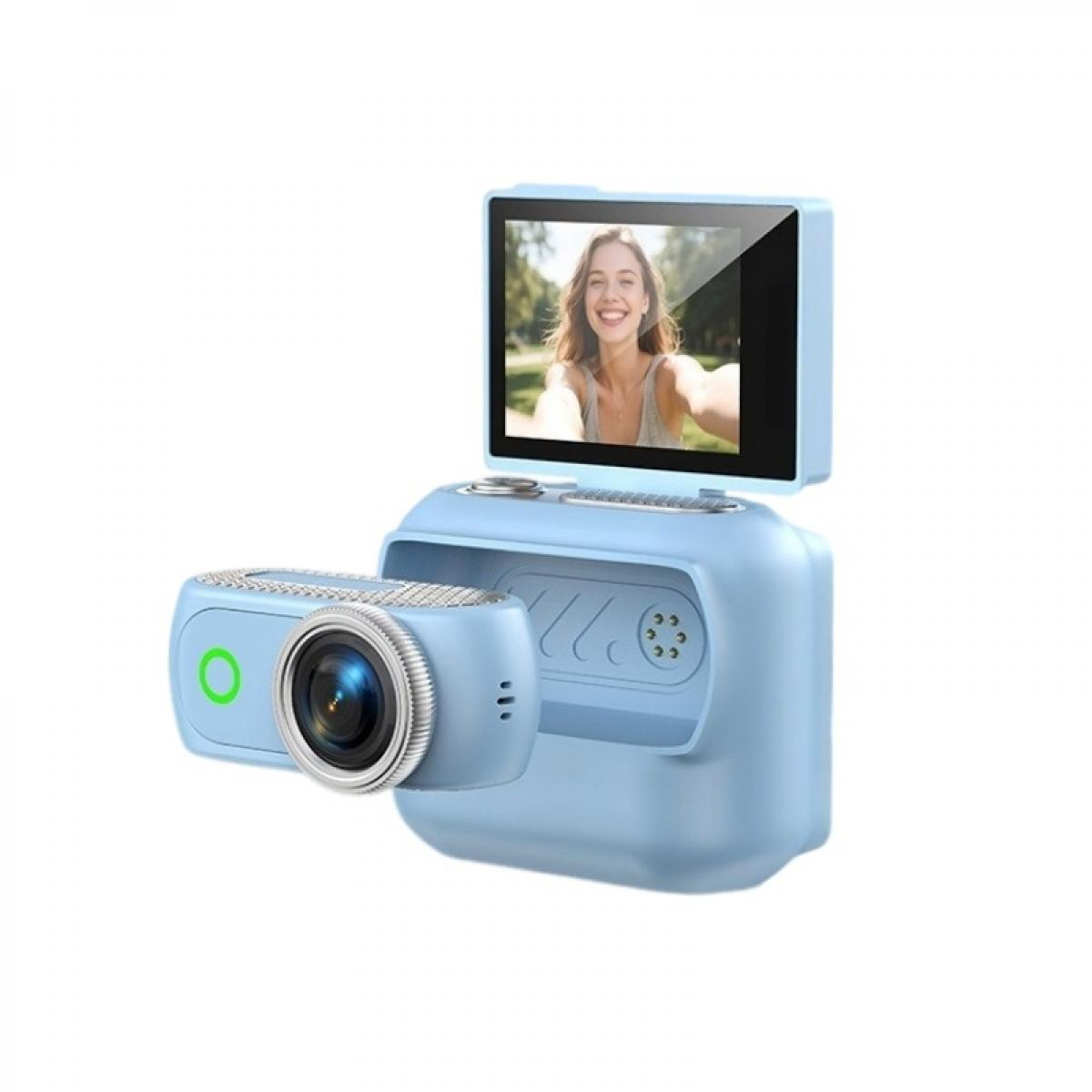 Blaue digitale Sofortbildkamera mit ausklappbarem Display und abnehmbarem Selfie-Modul.