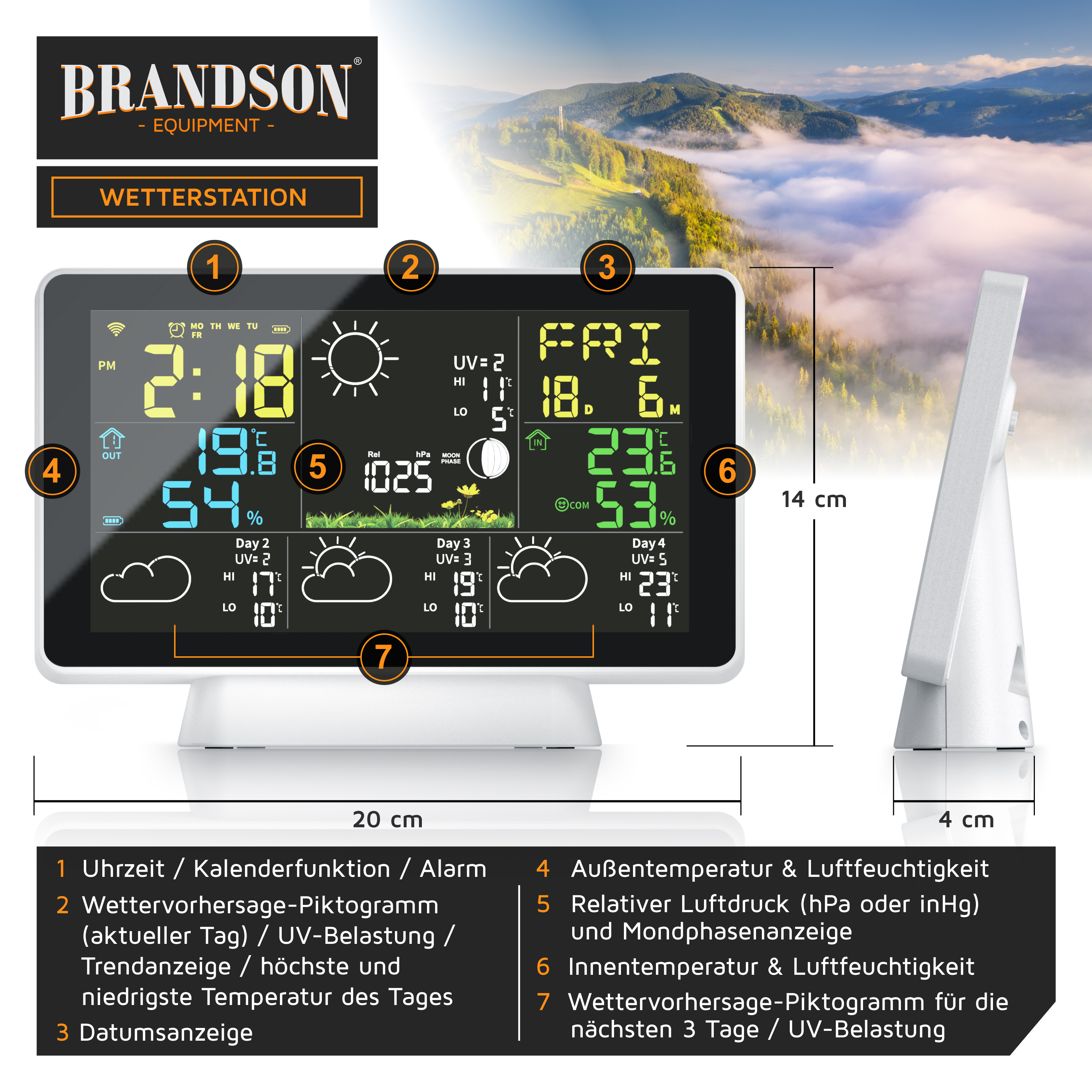 Digitale Wetterstation mit Farbdisplay, Uhrzeit, Aussentemperatur, Luftdruck und Vorhersage vor Bergpanorama.