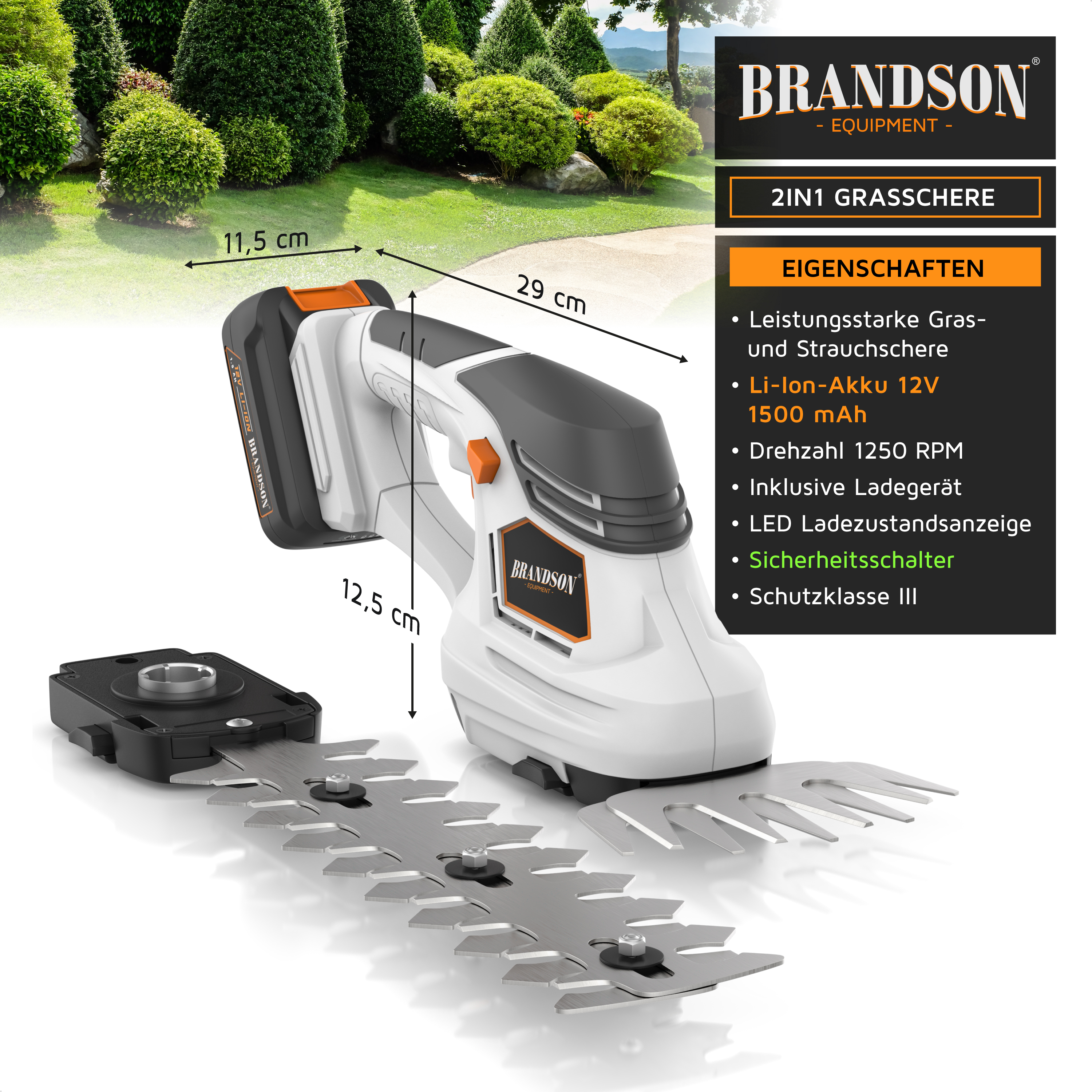 Brandson 2in1 Akku-Gras- und Heckenschere mit Maßen und technischen Details vor Gartenhintergrund.