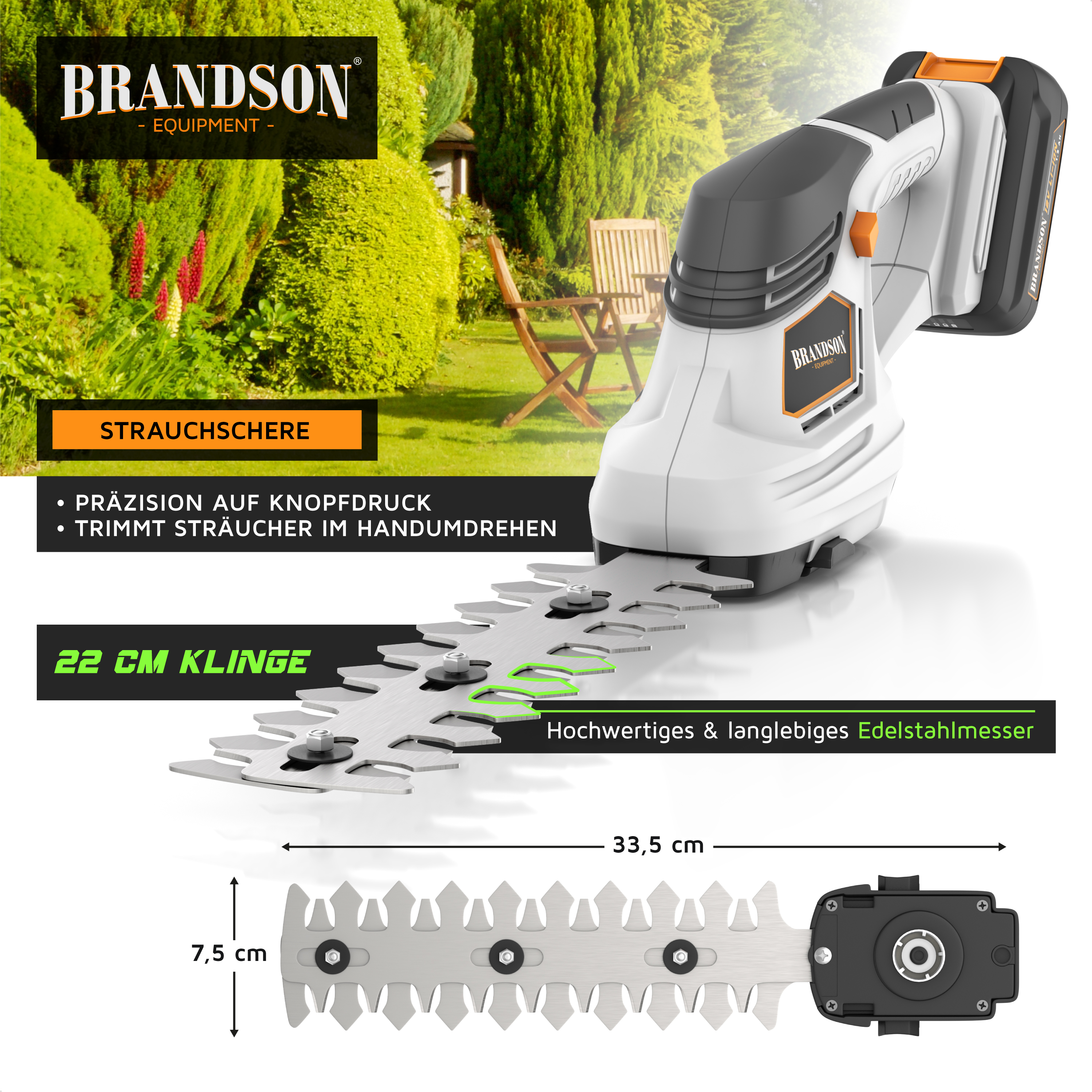 Wiederaufladbare Akku-Strauchschere von Brandson mit 22 cm Edelstahlmesser vor gartenähnlichem Hintergrund.