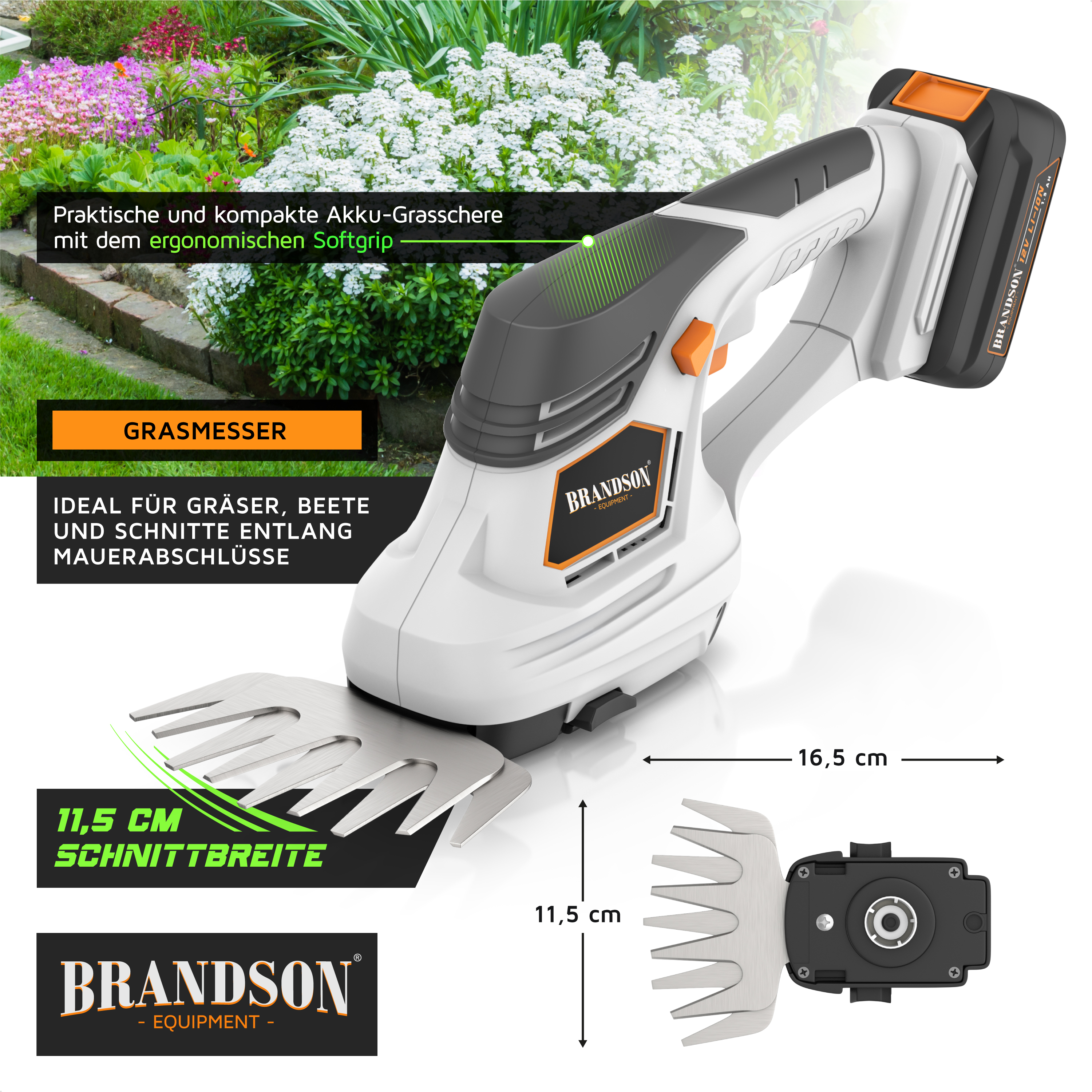 Brandson Akku-Grasschere mit Softgrip, Grasesser und Maßangaben vor Gartenhintergrund.