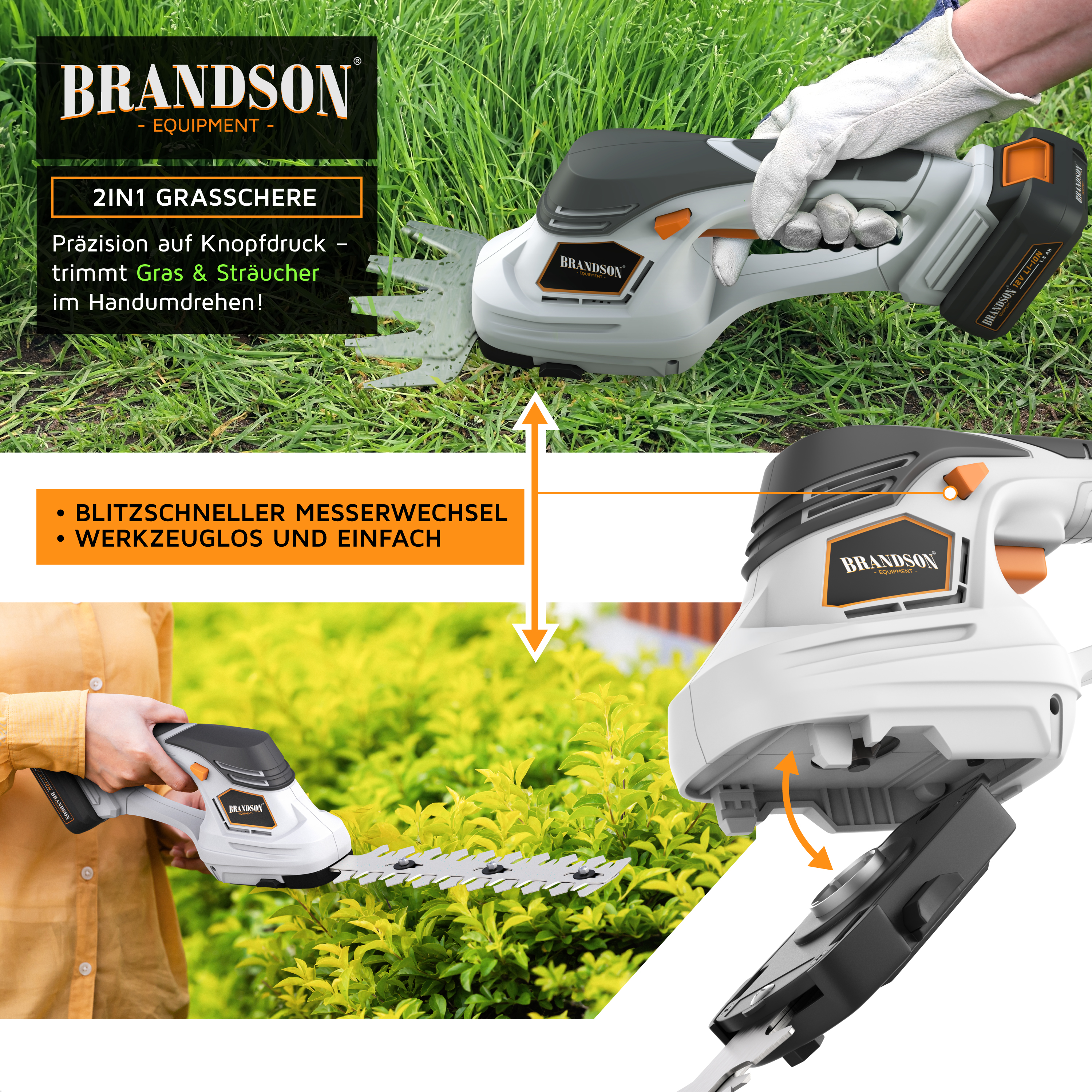 Eine Hand in Schutzhandschuh bedient eine Brandson Akku-Gartenschere, die Gras trimmt.