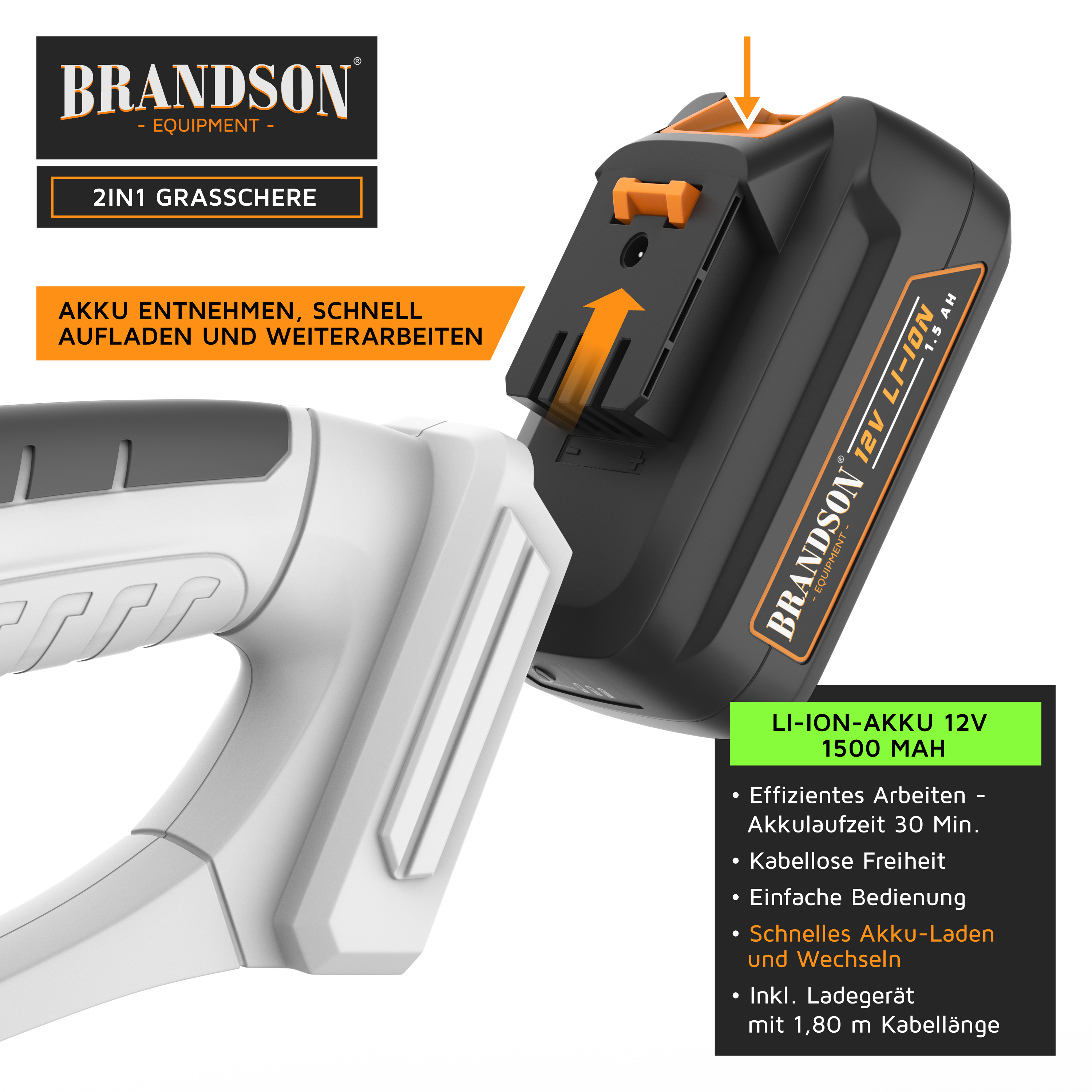 Brandson 12V Li-Ion-Akku für Grasschere, abnehmbar mit Release-Knopf.