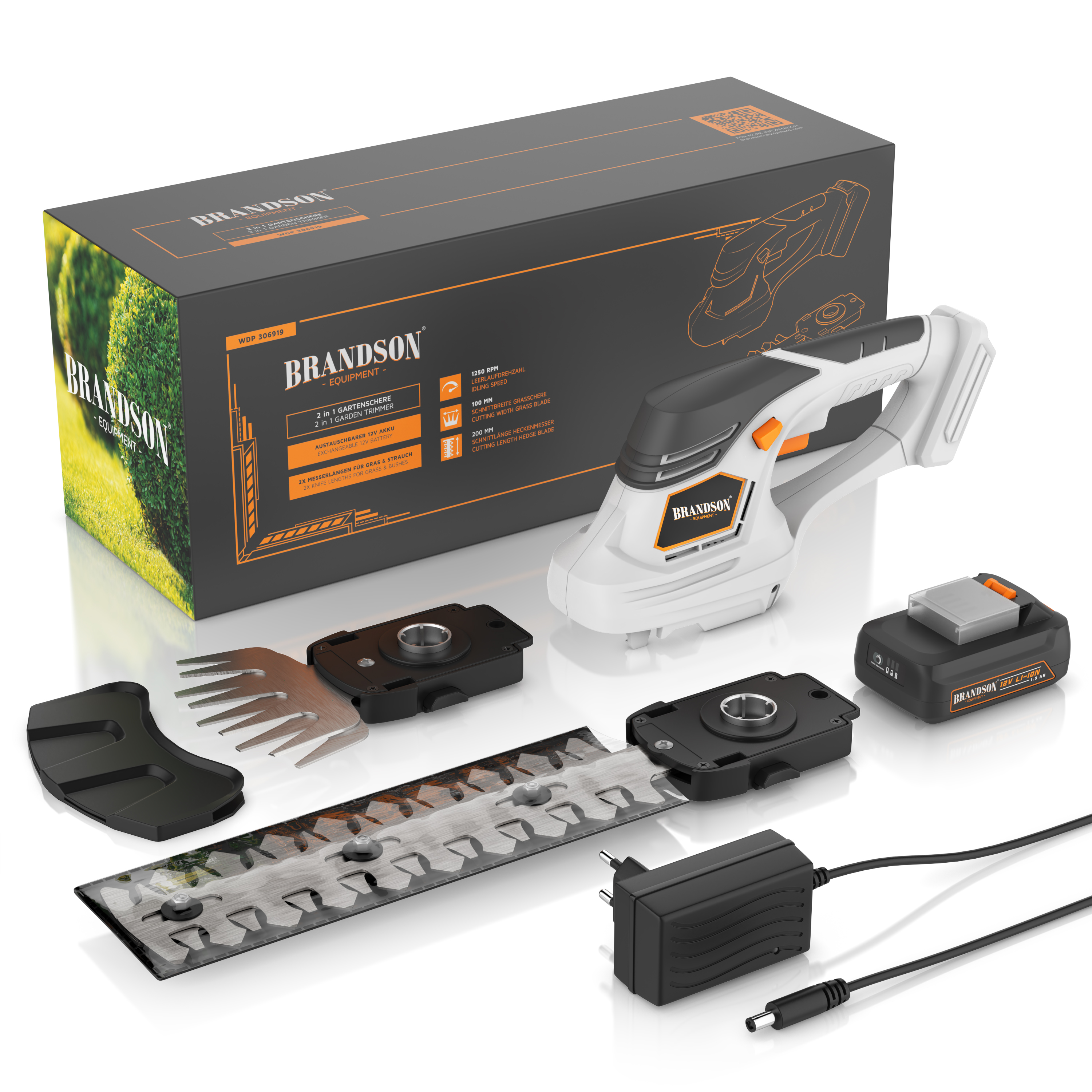 Brandson Akku-Gartenschere mit Box, zwei Klingen, Akku und Ladegerät.