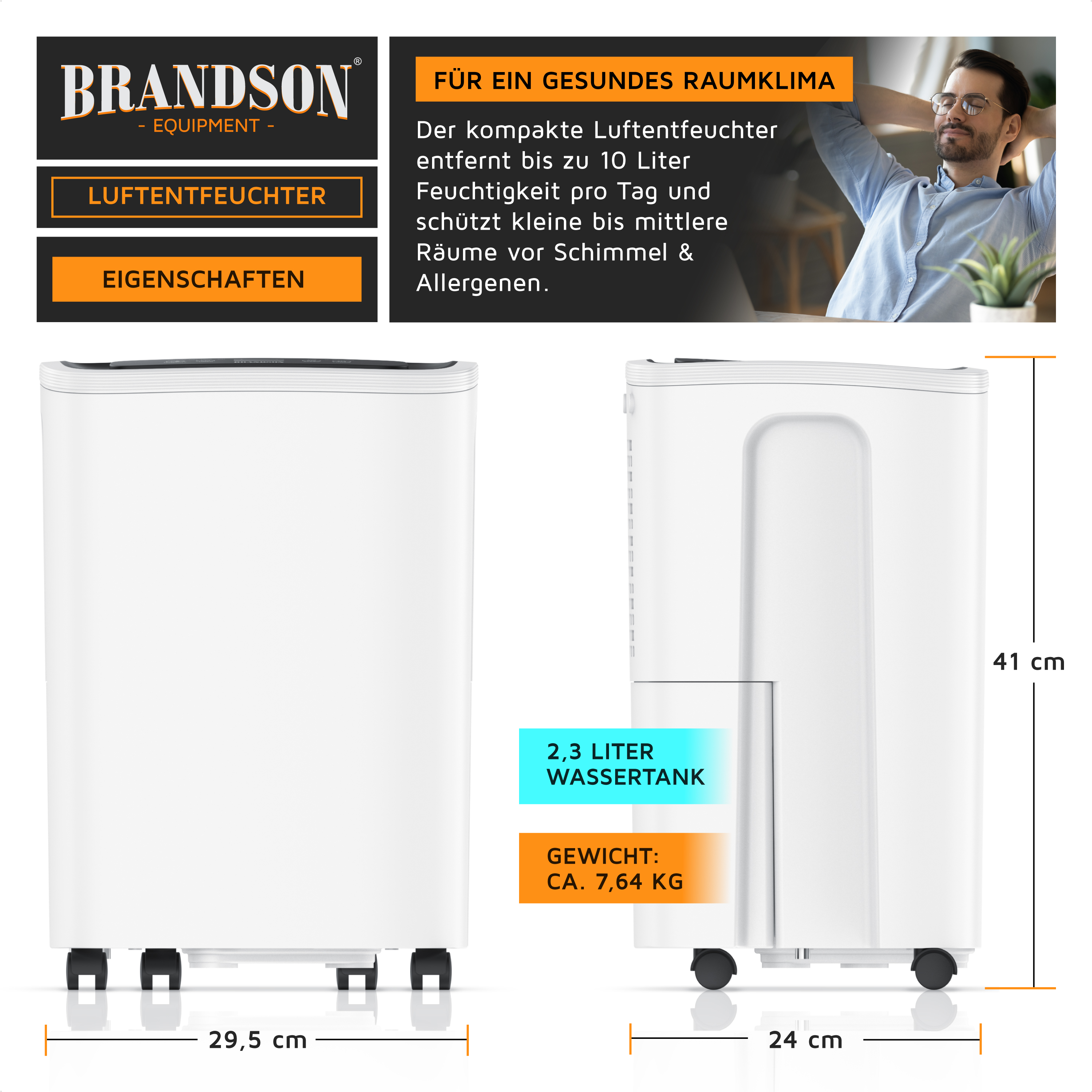 Produktgrafik des weißen Brandson Luftentfeuchters mit Maßen, Gewicht und technischen Daten.