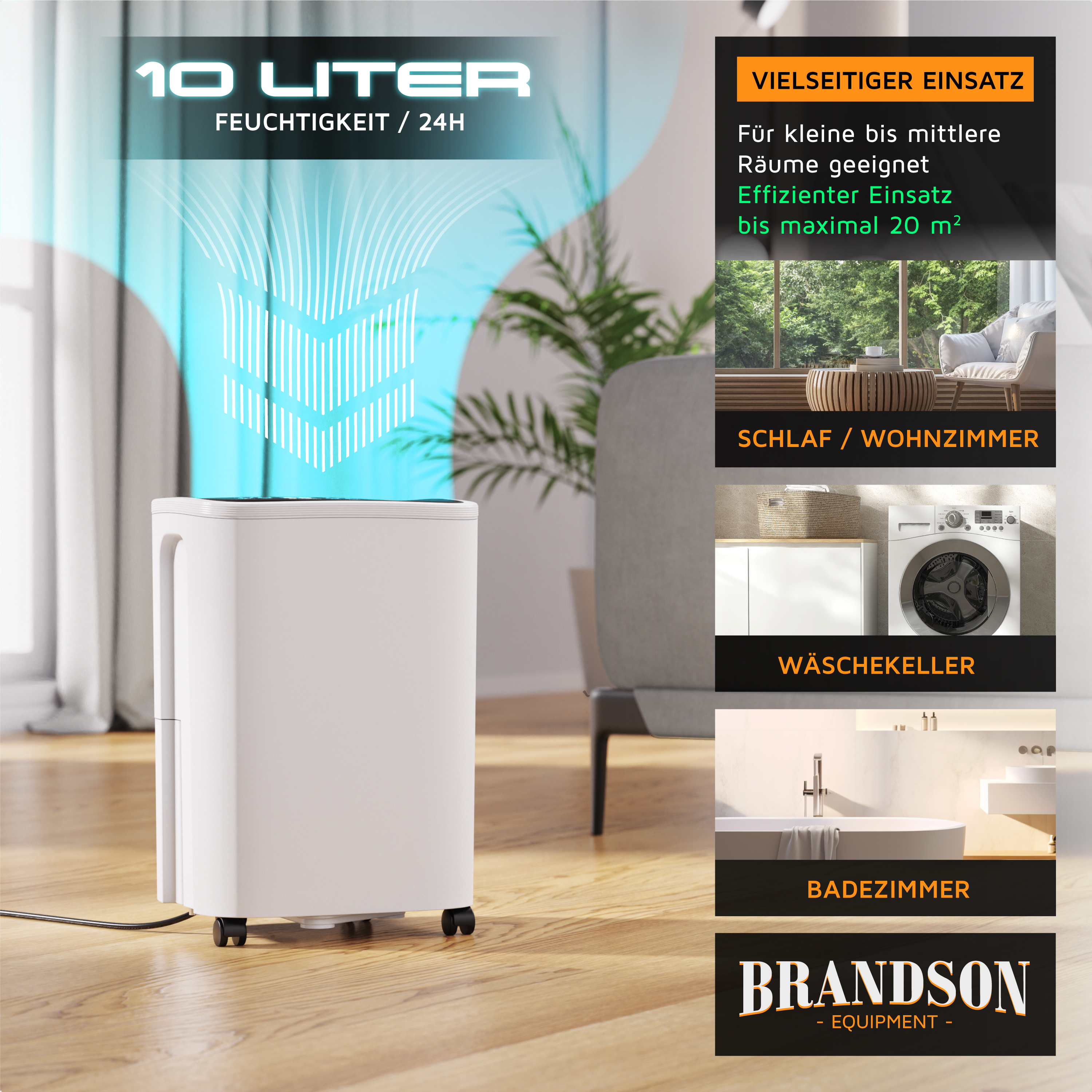 Weißer Dehumidifizierer auf Holzfußboden, mit Infografiken für verschiedene Räume.