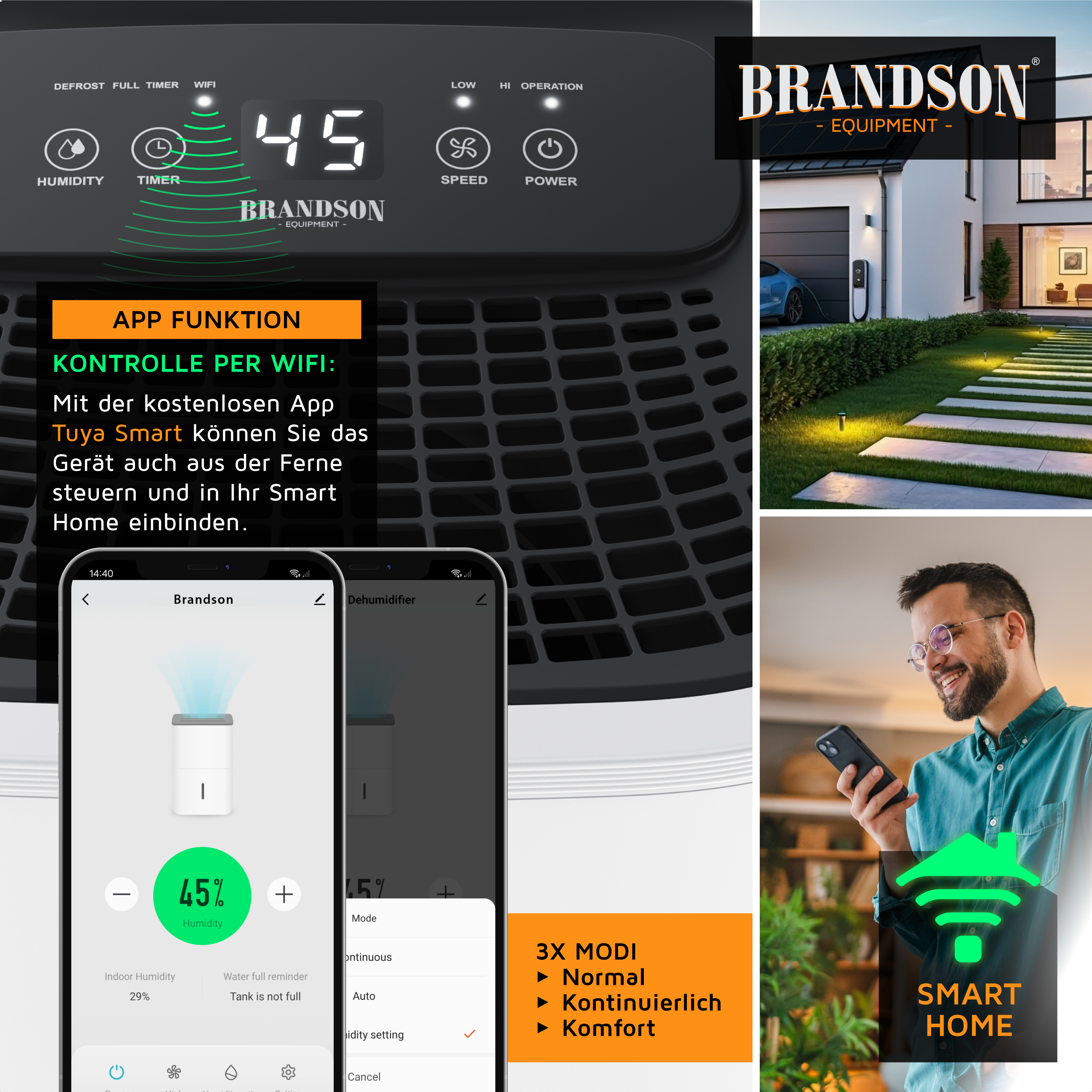 Dehumidifier control panel and smart home app interface showing humidity settings.