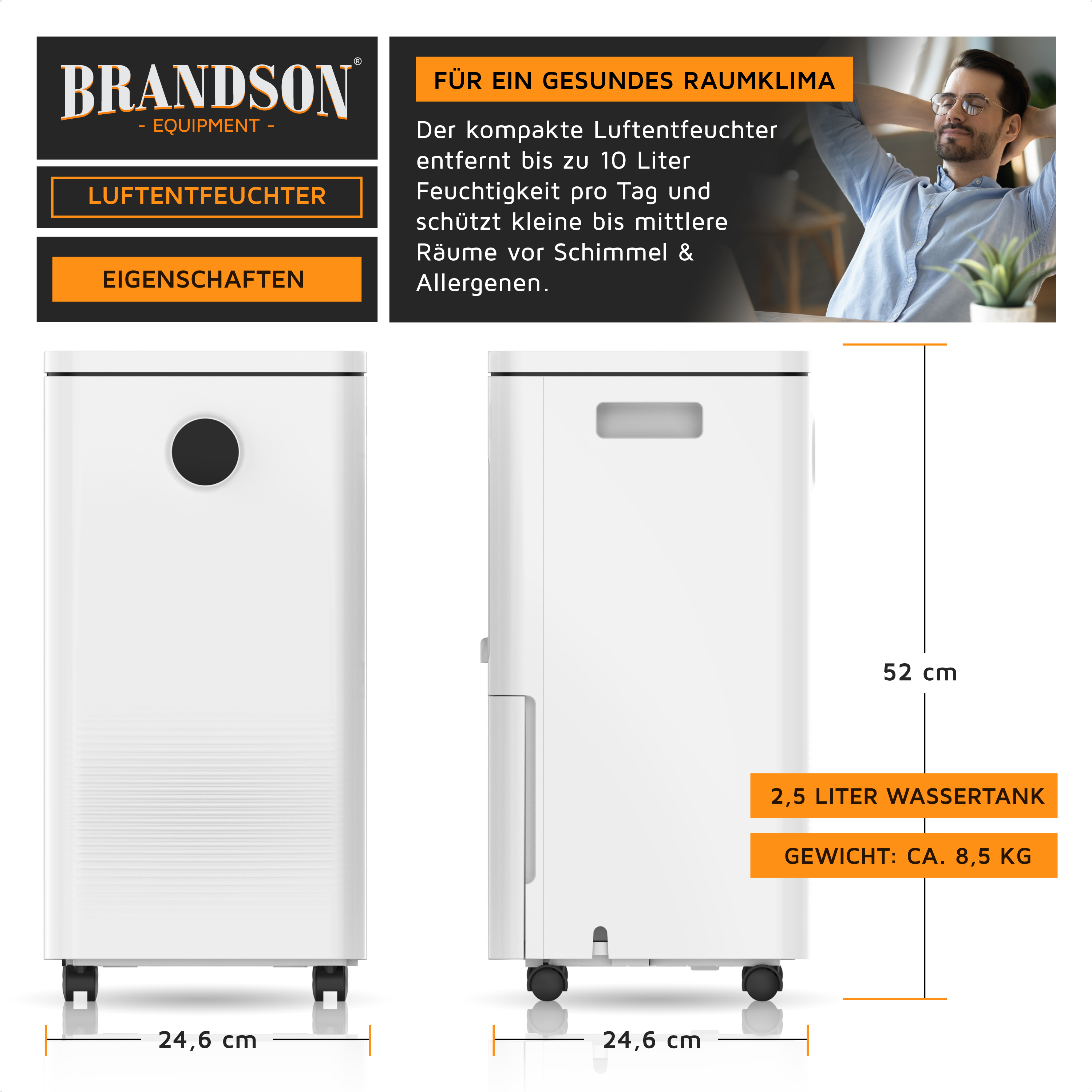 Produktgrafik eines weißen Brandson Luftentfeuchters mit Maßen und Produktmerkmalen.
