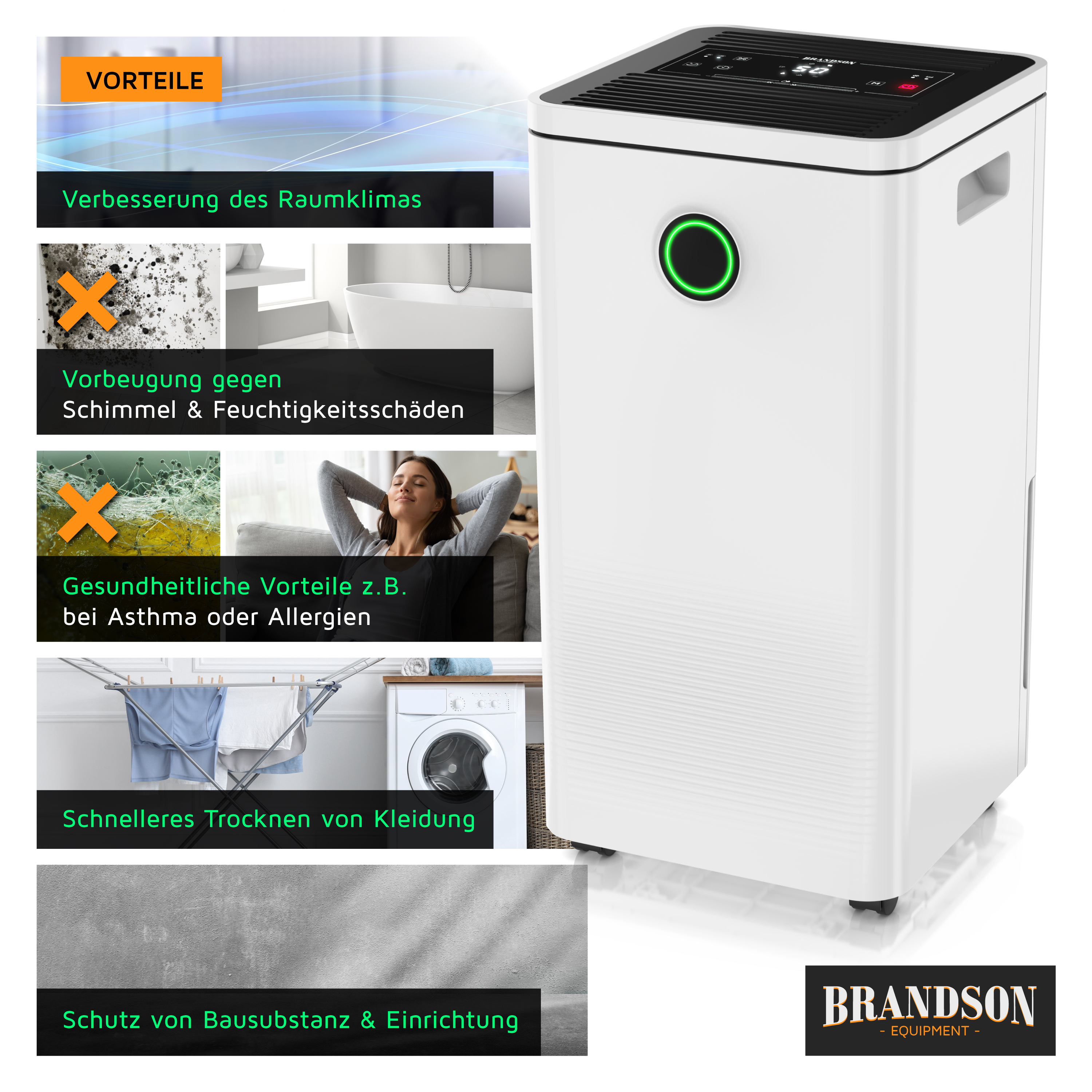Weißer Brandson Luftentfeuchter mit digitalen Bedienelementen, grünem Lichtring und Infografiken zu den Produktvorteilen.