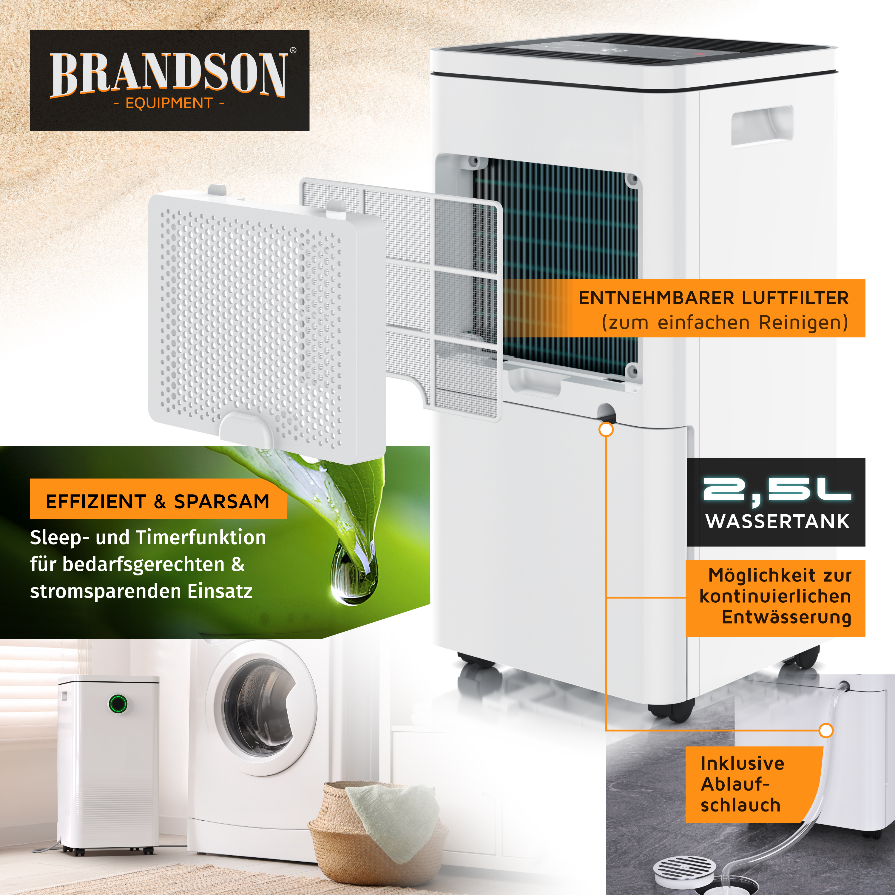 Weißer Brandson Luftentfeuchter mit abnehmbarem Filter, 2,5L Wassertank und Ablaufschlauch.