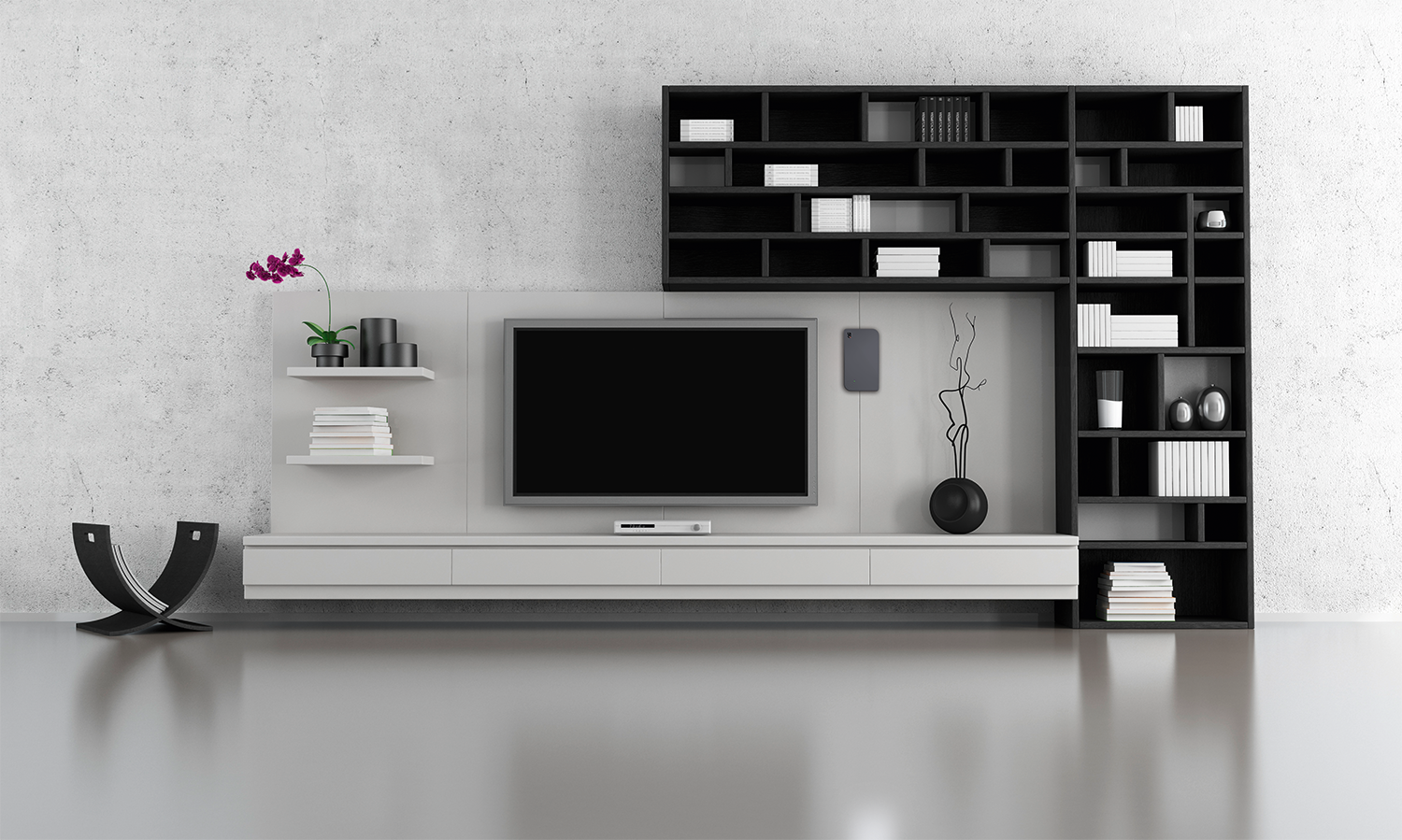 Moderne graue und schwarze TV-Wand mit integrierten Regalen, Fernseher und dekorativen Pflanzen in einem hellen Raum.