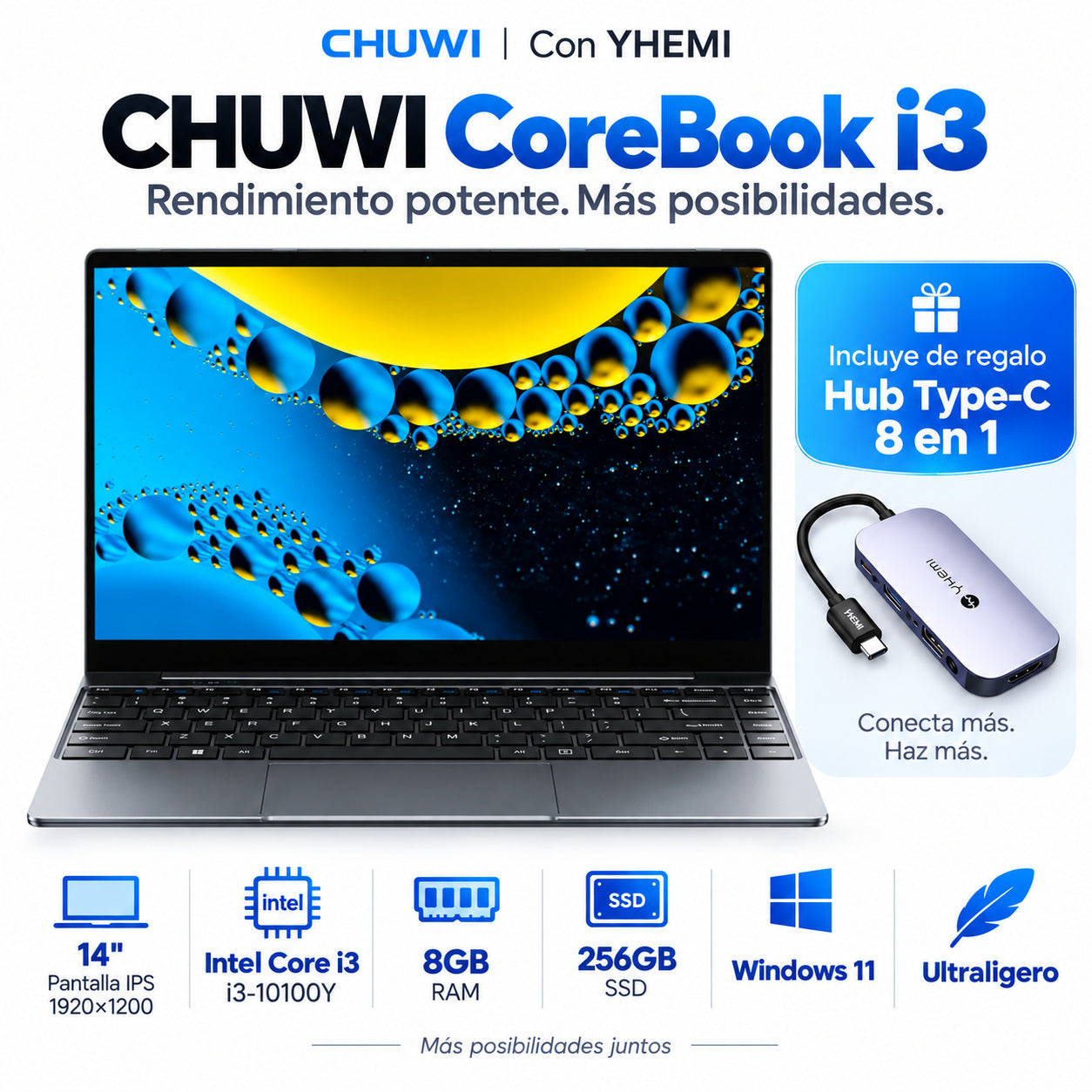 Portátil Chuwi CoreBook i3 con pantalla de 14 pulgadas, 8GB RAM y 256GB SSD, incluye hub Tipo-C.