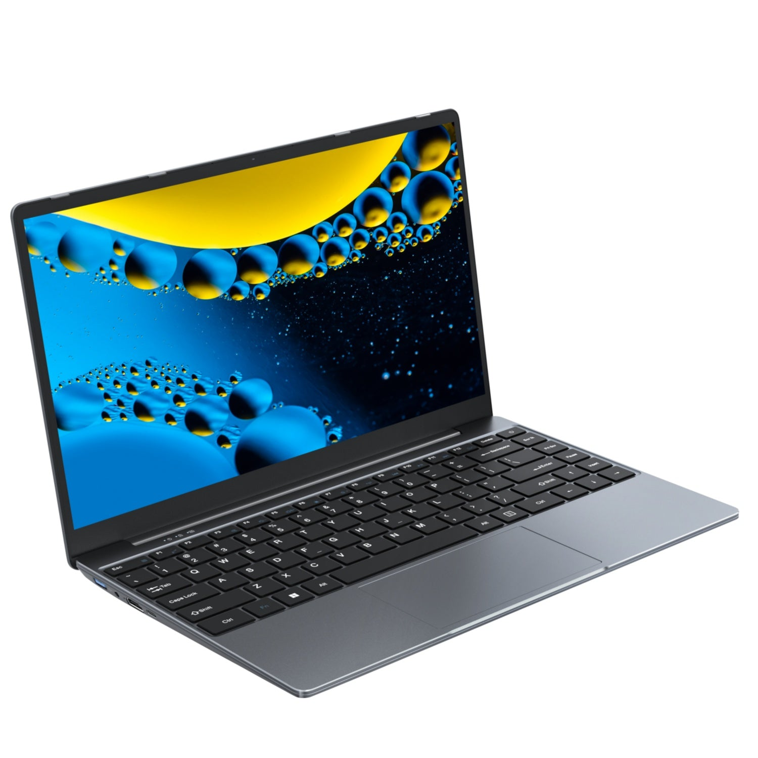 Una moderna laptop gris abierta en ángulo, mostrando un fondo de pantalla abstracto azul y amarillo.