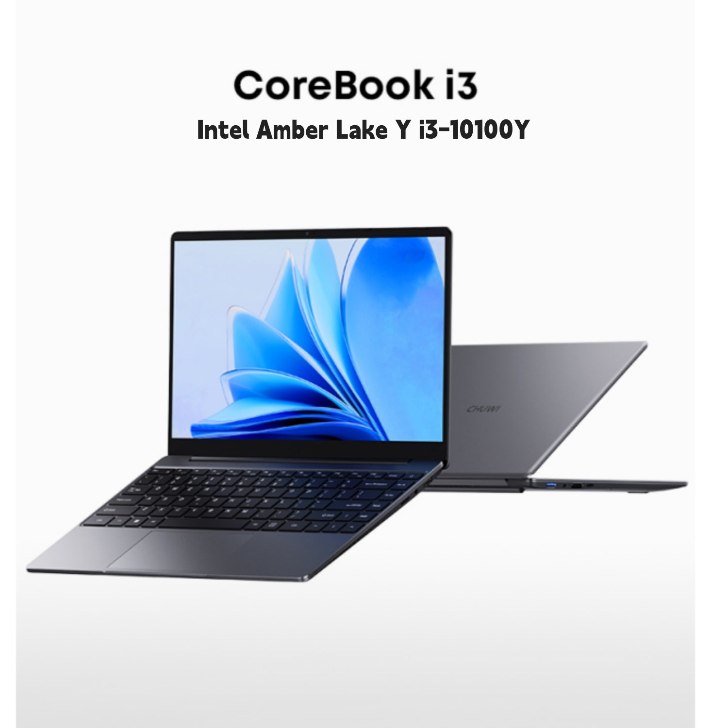 Portátil gris Chuwi CoreBook i3 con pantalla azul y texto Intel Amber Lake Y i3-10100Y.