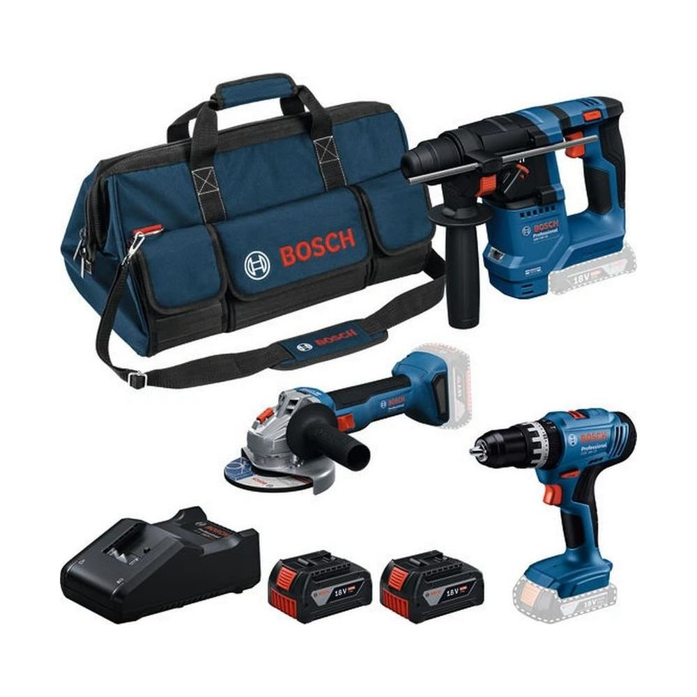 Set di attrezzi Bosch blu con borsa, trapano, smerigliatrice, martello, due batterie e caricatore.