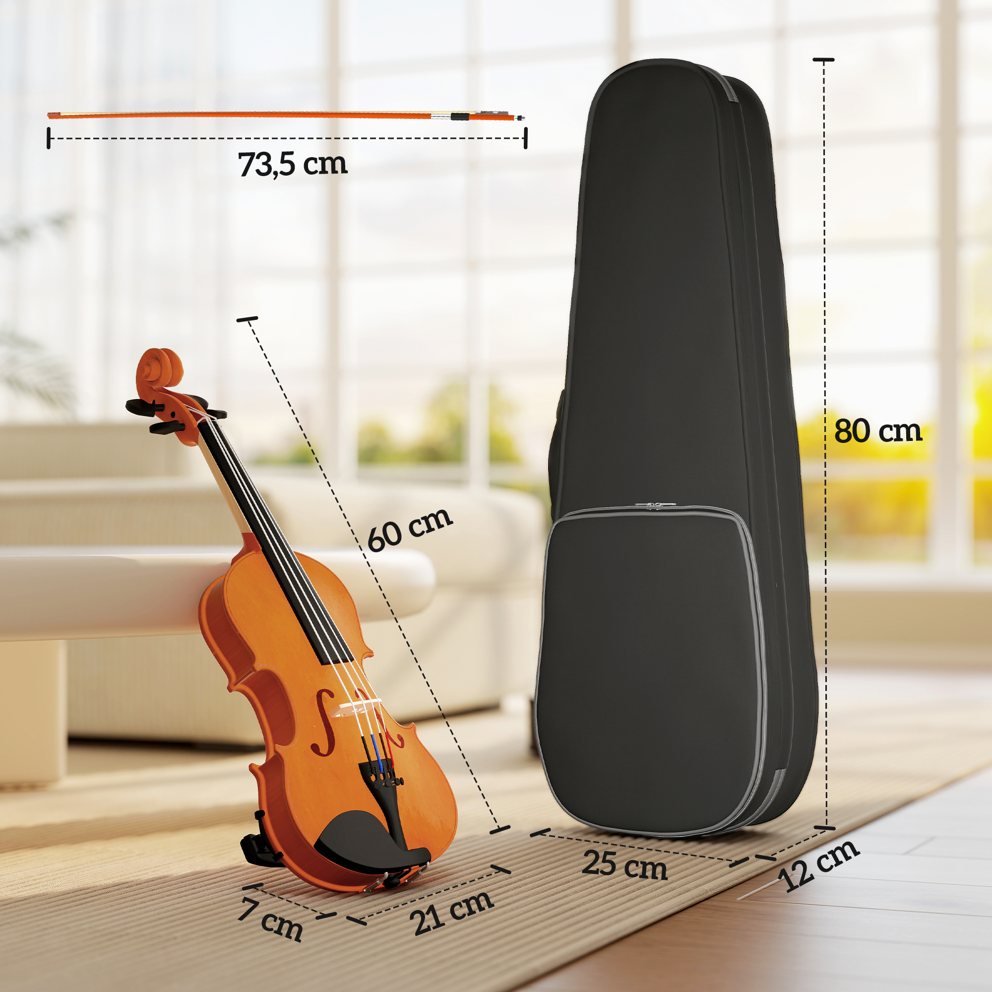 Un violín con estuche y dimensiones sobre fondo claro.