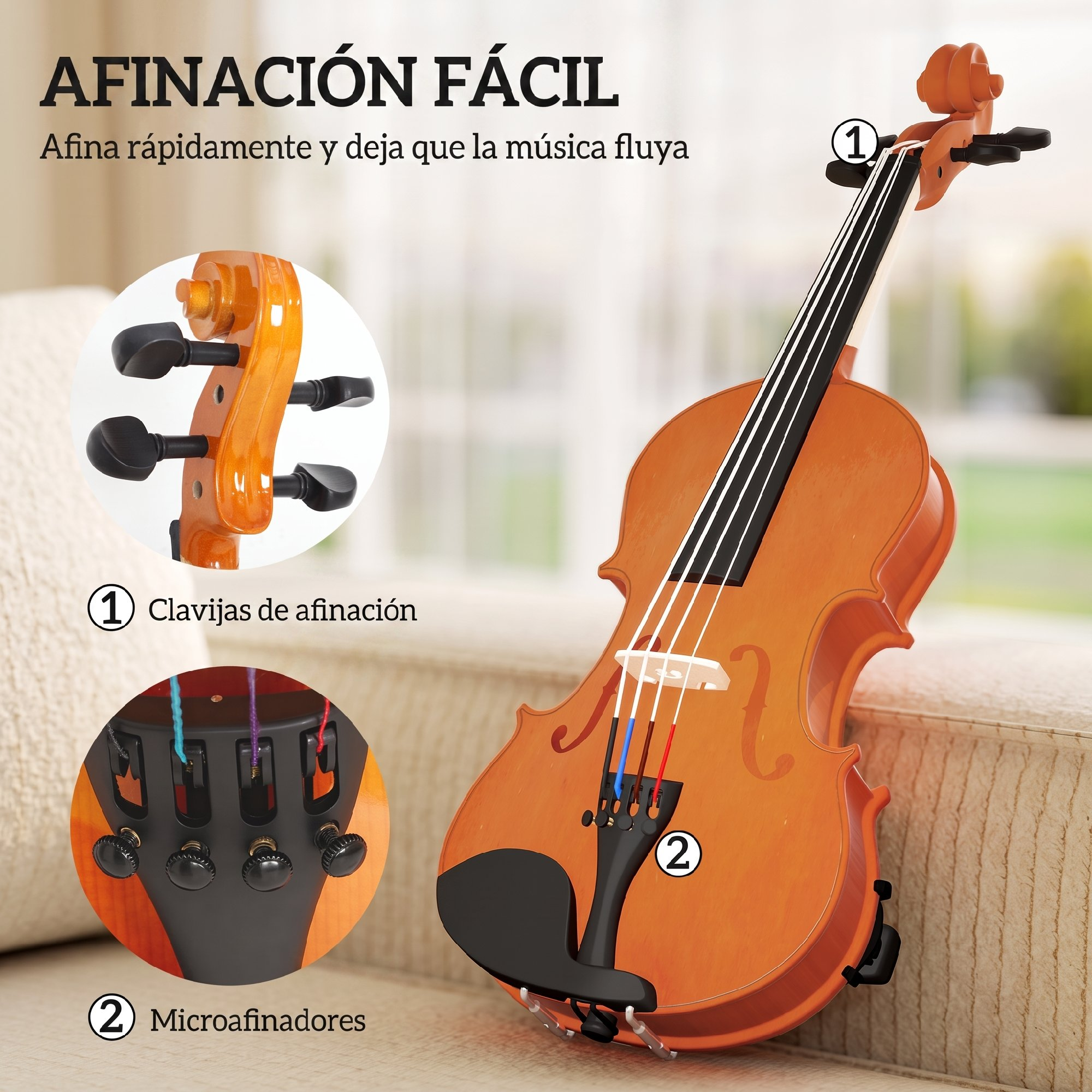 Un violín apoyado en un sofá con círculos que muestran clavijas y microafinadores, junto a texto en español.