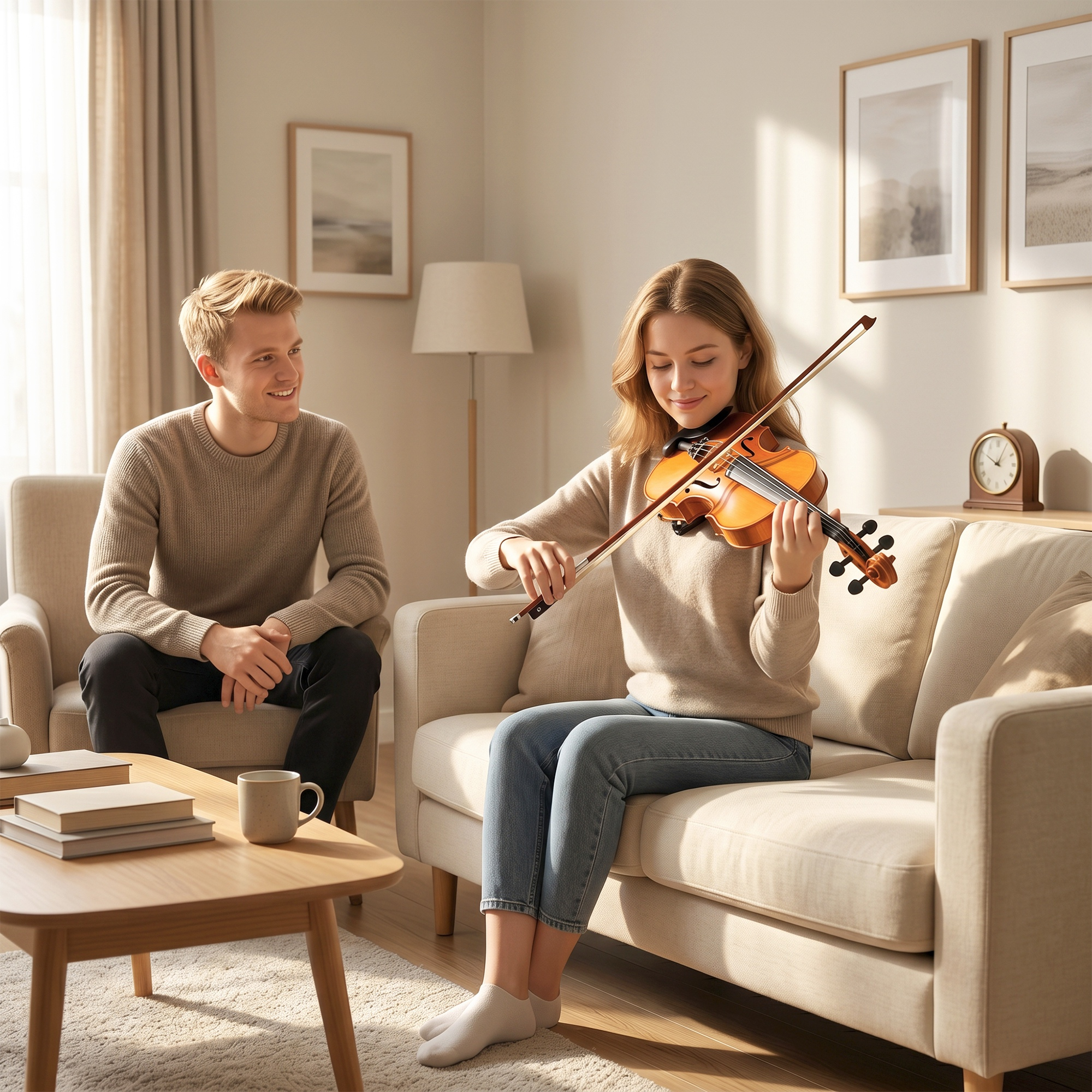 Una mujer toca el violín en un sofá mientras un hombre en un sillón sonríe y la mira.