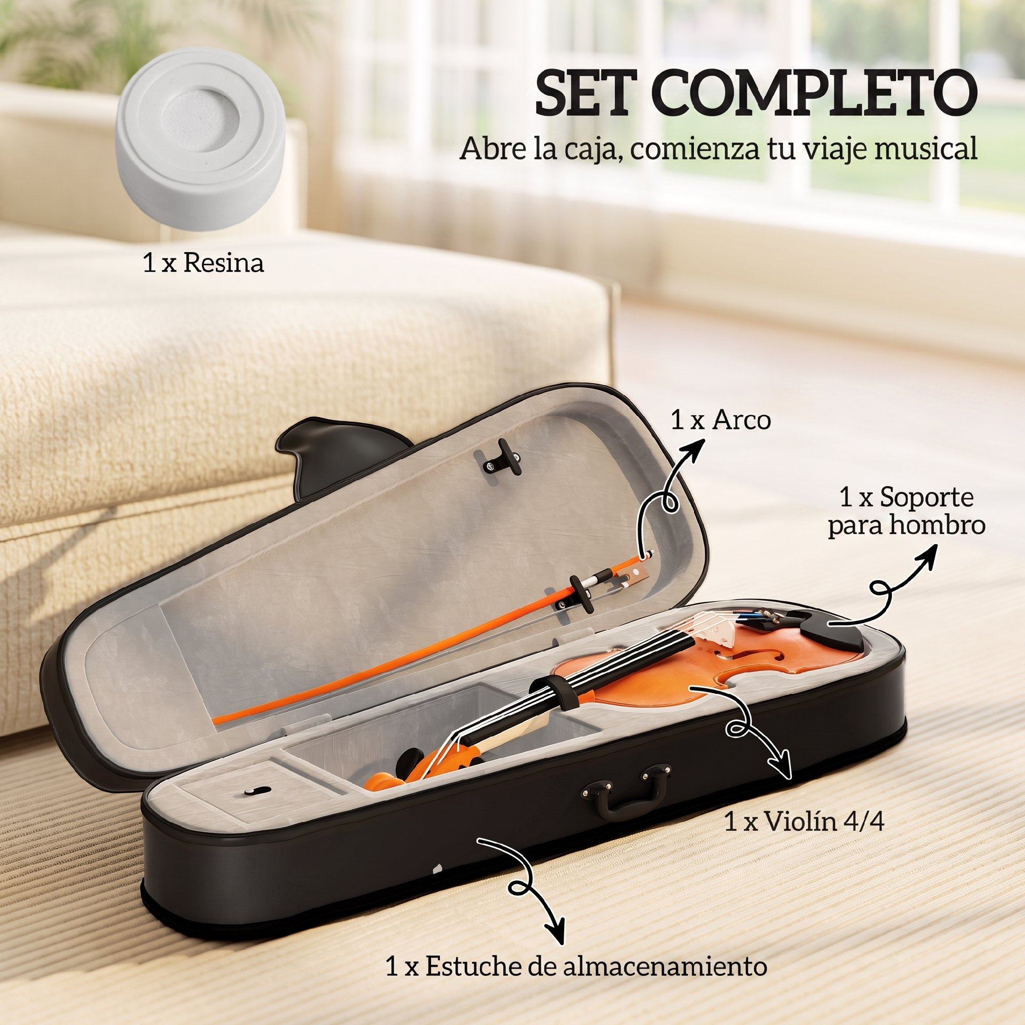 Estuche de violín con violín, arco, soporte para hombro y resina, con etiquetas en español.