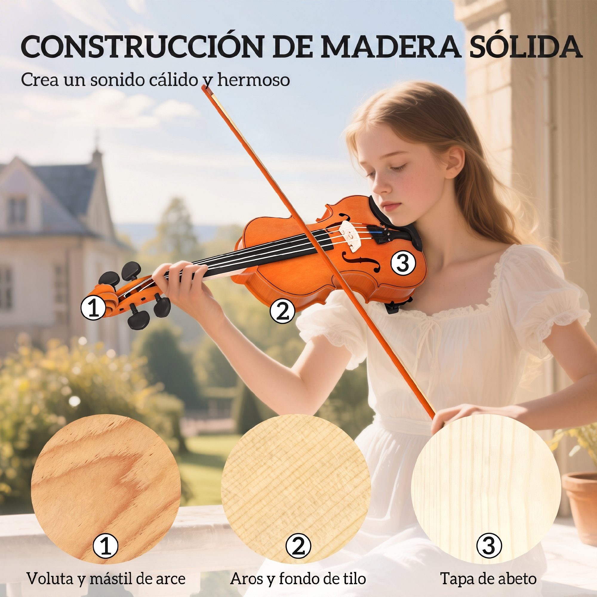 Una niña tocando el violín al aire libre con tres círculos que muestran vetas de madera y texto en español.